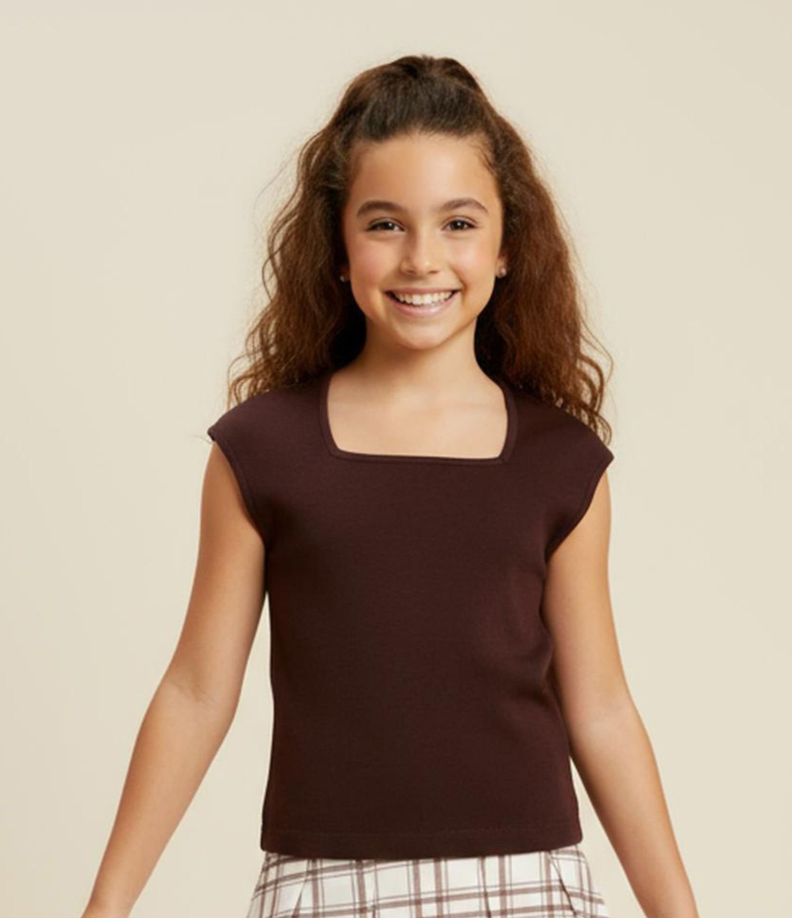 Blusa Infantil em Ribana com Decote Quadrado - Tam 5 a 14 Anos Marrom 1
