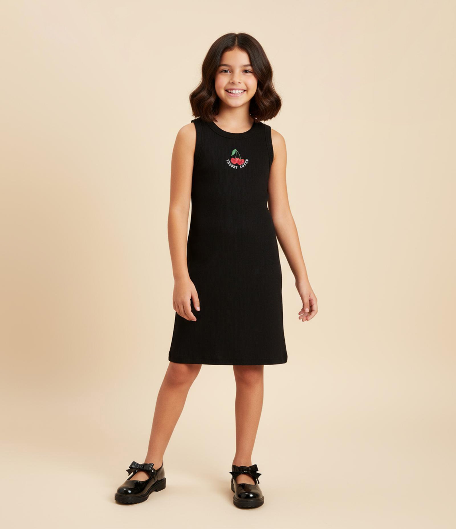 Vestido Infantil em Ribana com Estamoa Cereja - Tam 5 a 14 Anos Preto 1