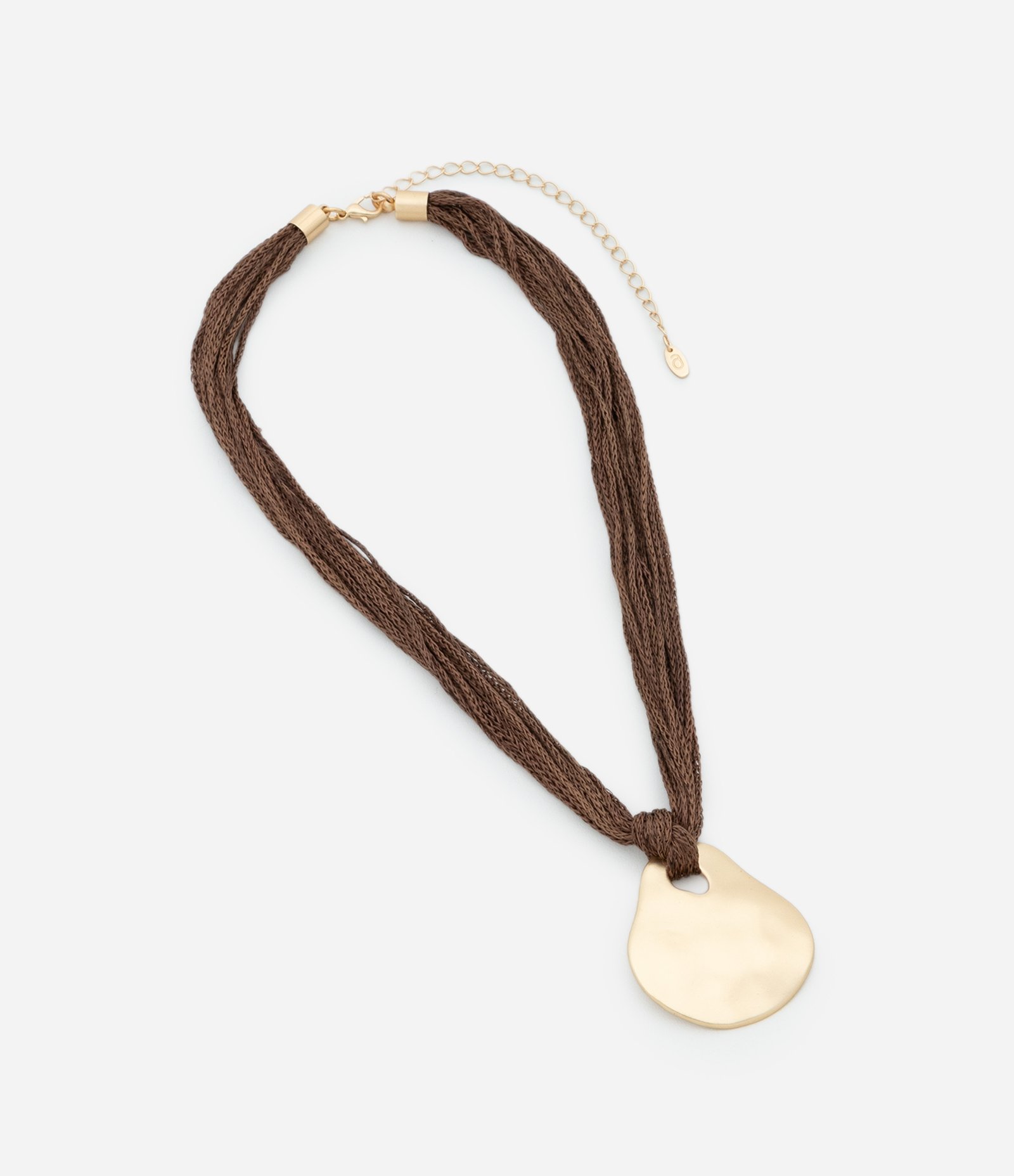 Colar Curto com Corrente de Cordão e Pingente de Forma Orgânica Fosco Marrom/Dourado 3