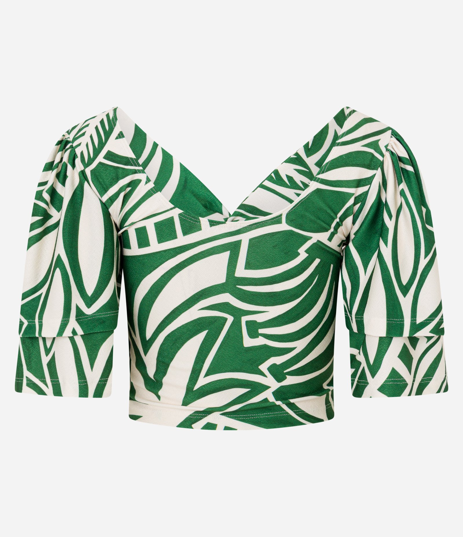 Blusa Cropped Texturizada com Busto Torcido e Estampa Folhagem Verde 6