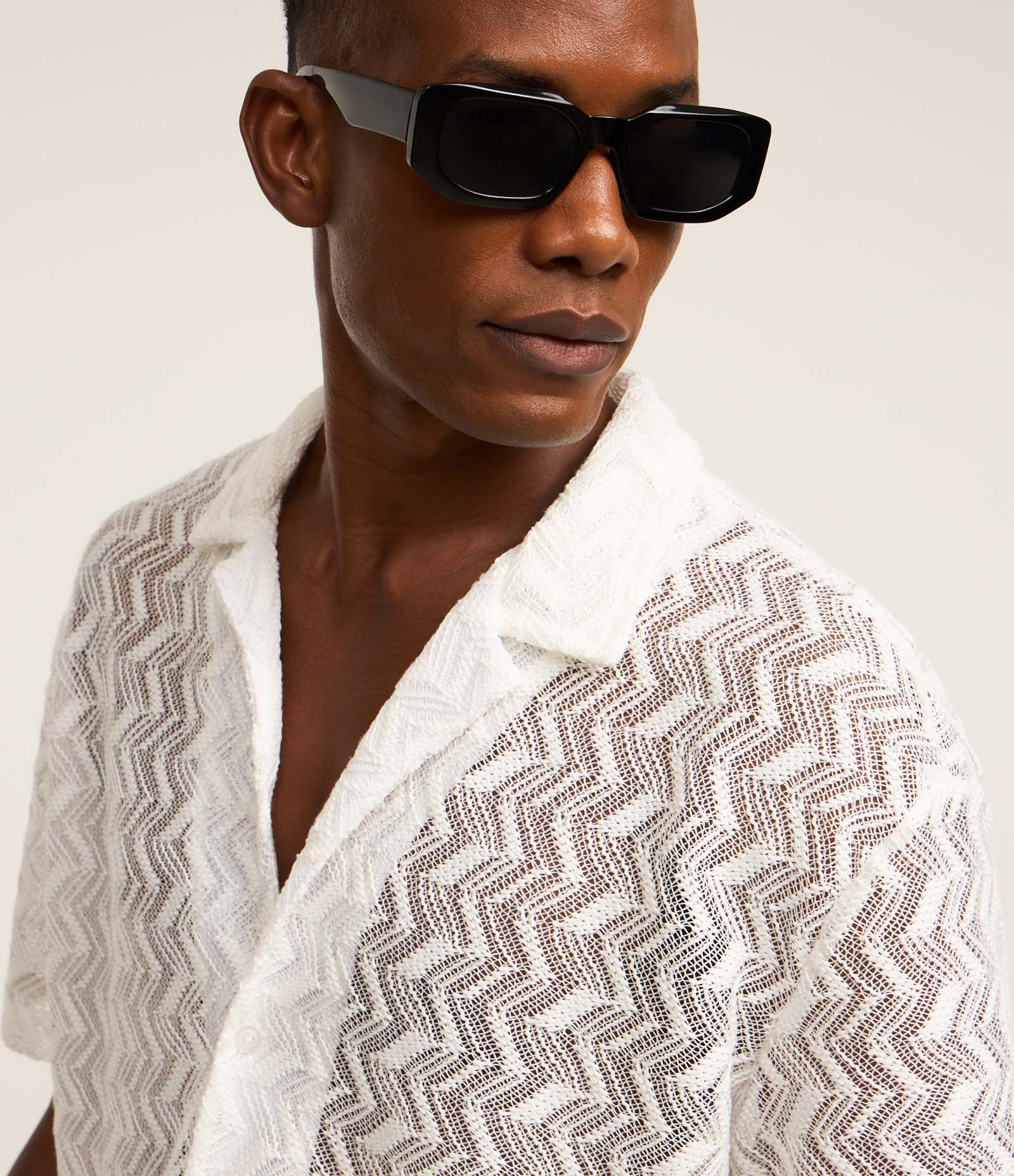 Camisa Boxy em Renda com Gola Bowling Texturizada Branco 4