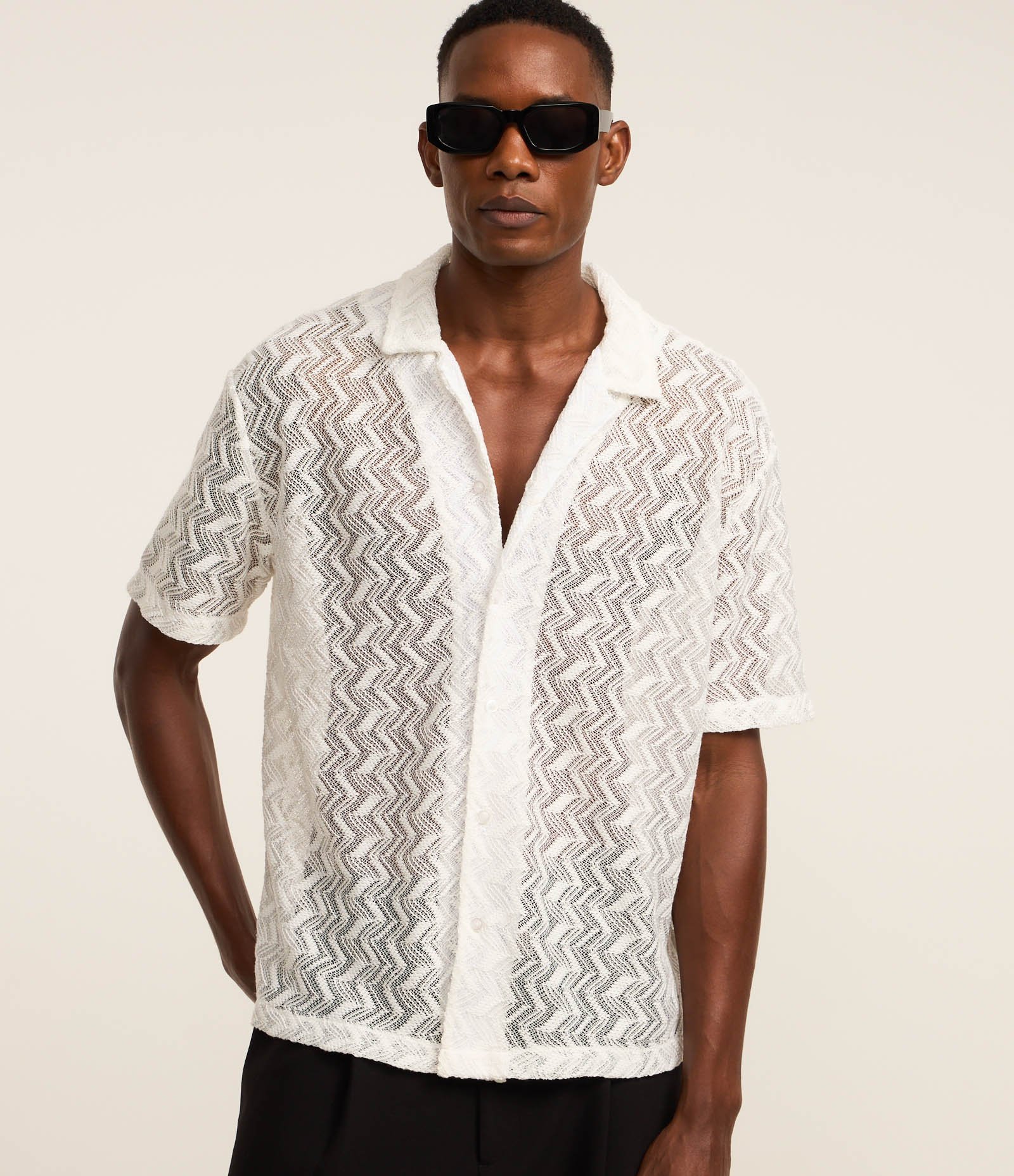 Camisa Boxy em Renda com Gola Bowling Texturizada Branco 5