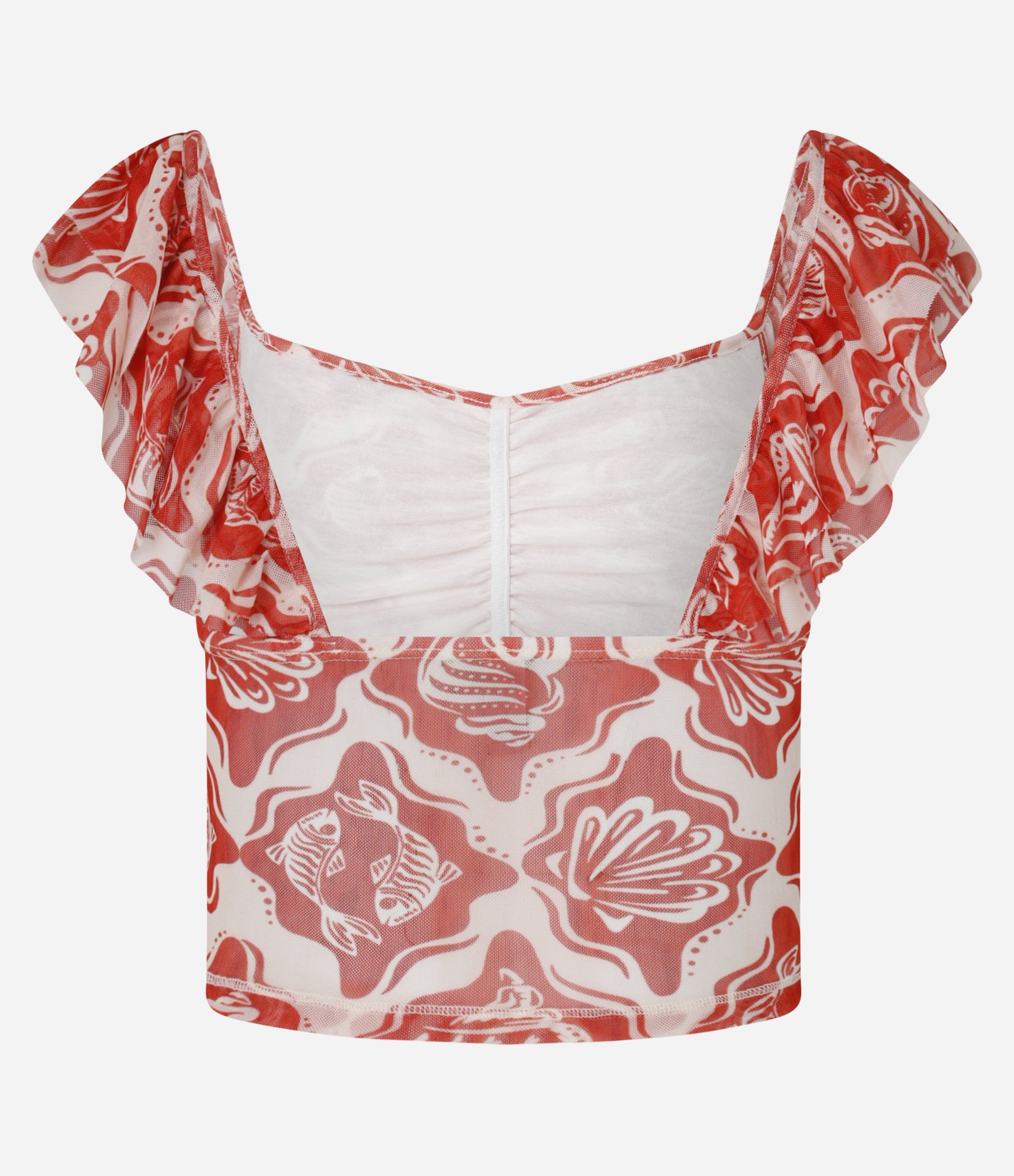 Blusa em Tule Estampado de Conchinhas com Babados e Franzido Vermelho/Branco 7