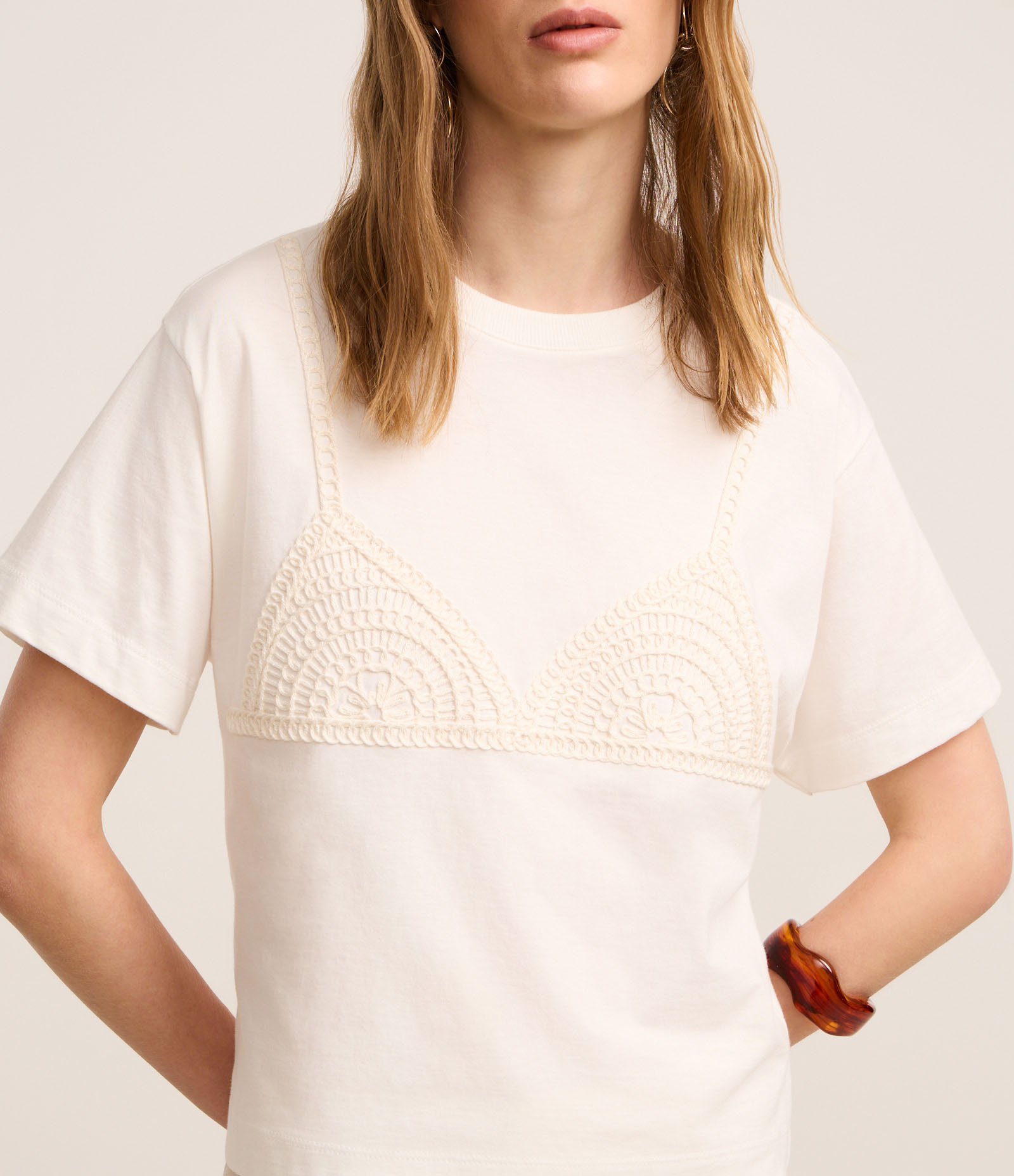 Blusa Slim em Algodão com Bordado Sutiã de Efeito Crochê Branco 4