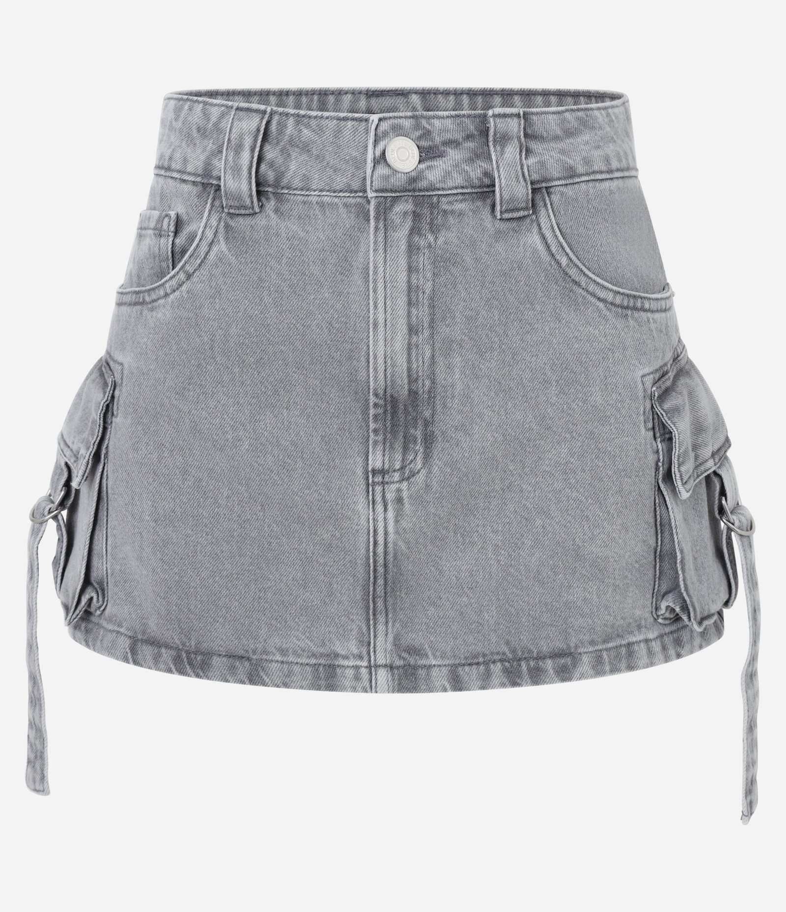 Mini Saia em Jeans Marmorizado com Bolso Cargo Afivelado Cinza 6