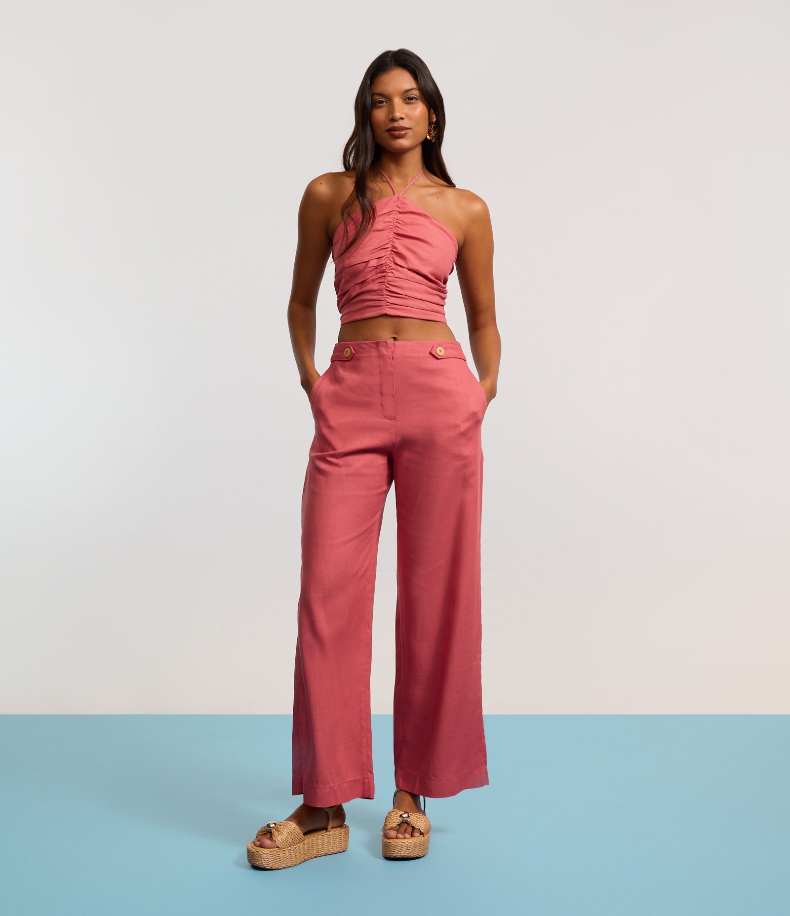Calça Wide Leg em Viscolinho com Botões no Cós Rosa 5