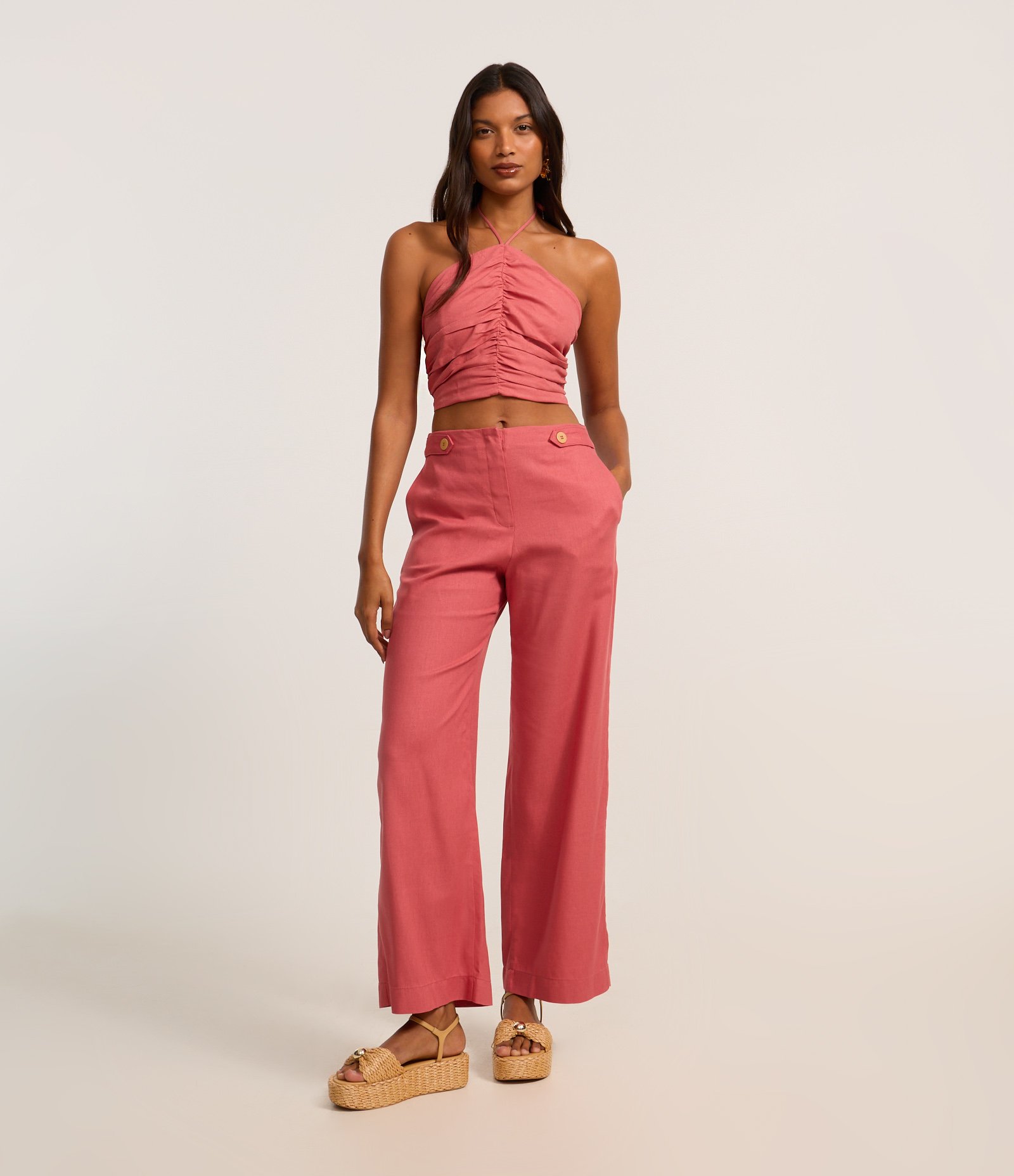 Calça Wide Leg em Viscolinho com Botões no Cós Rosa 1