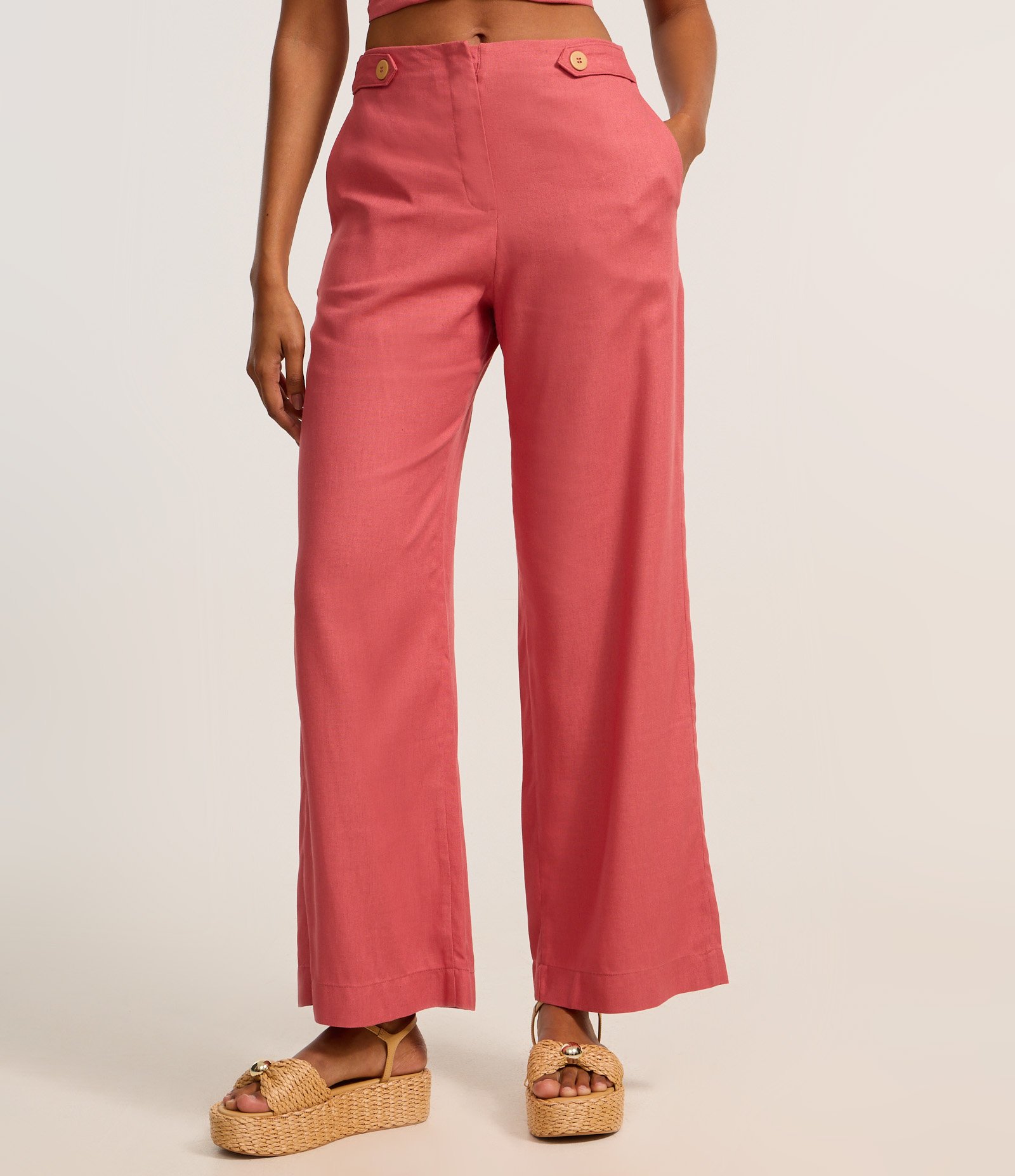 Calça Wide Leg em Viscolinho com Botões no Cós Rosa 3