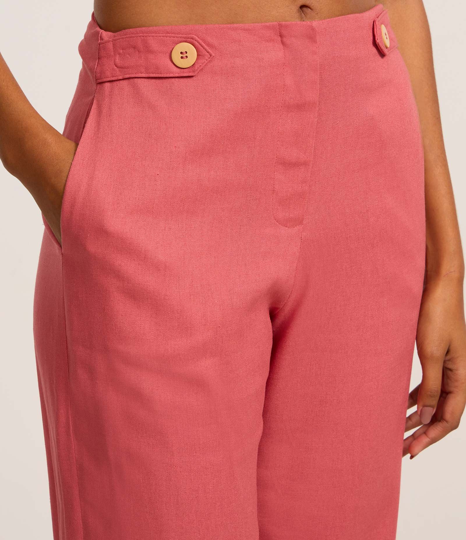 Calça Wide Leg em Viscolinho com Botões no Cós Rosa 4