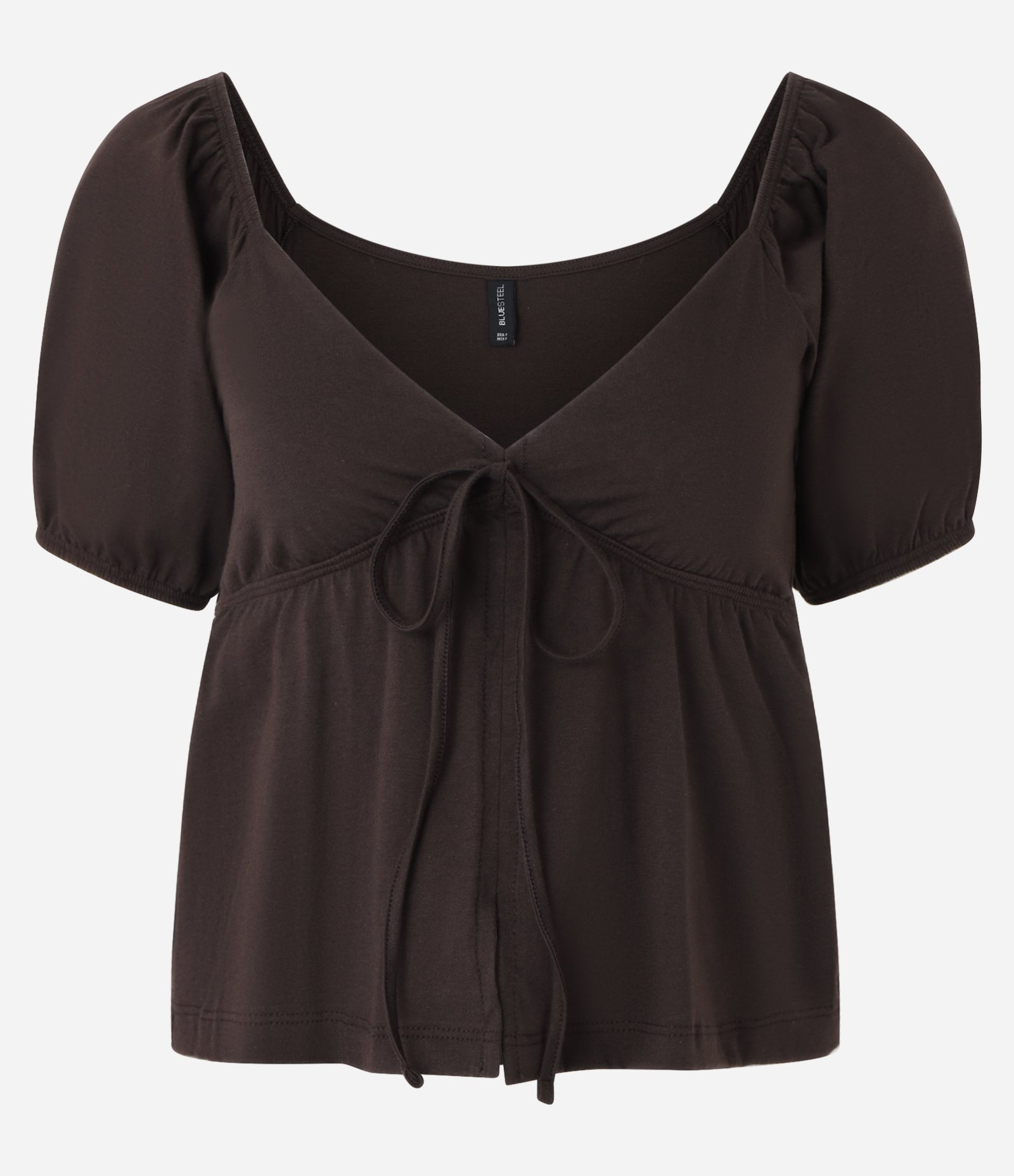 Blusa em Algodão com Mangas Bufantes e Amarração Frontal Marrom 4