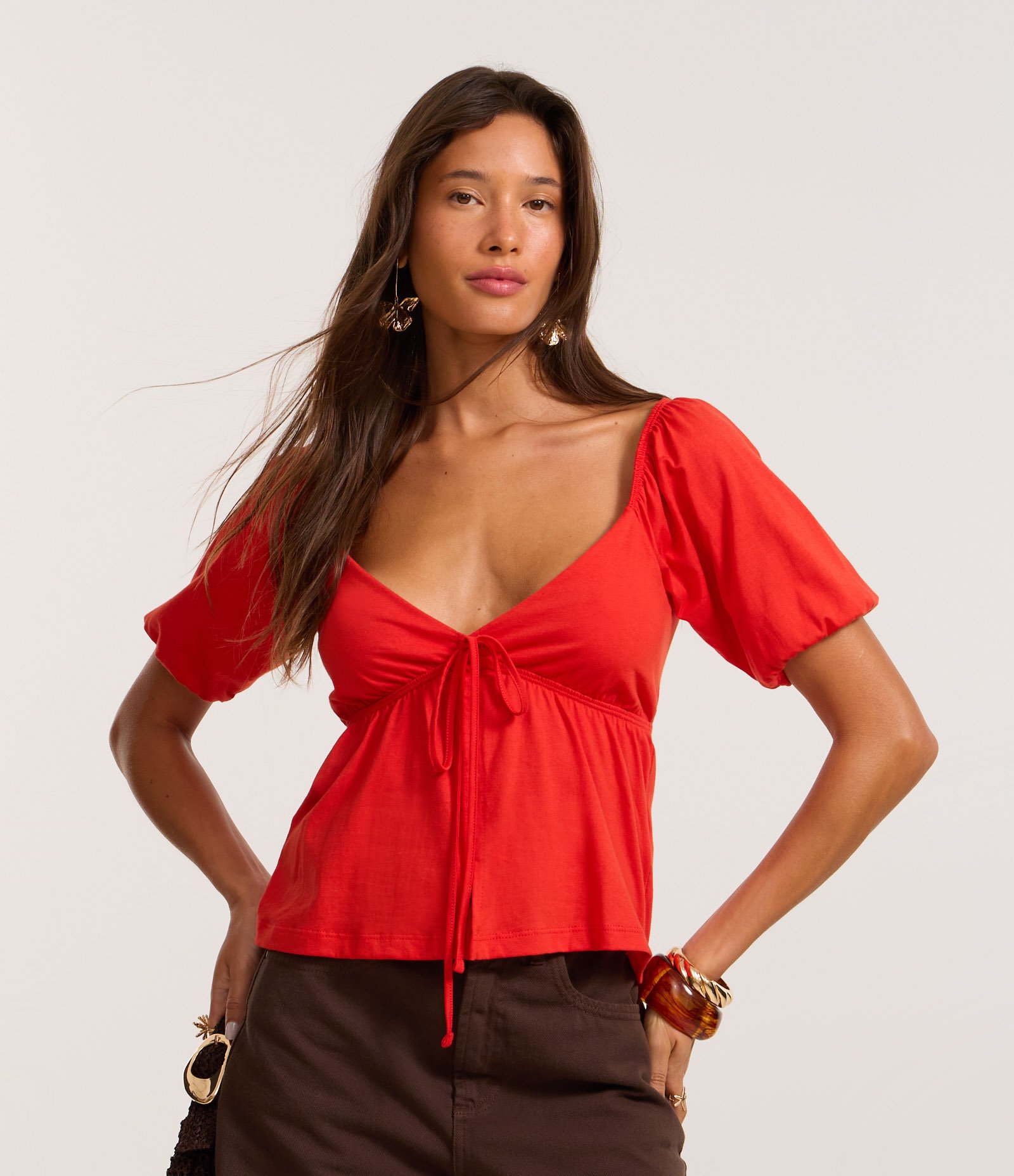 Blusa em Algodão com Mangas Bufantes e Amarração Frontal Laranja 1