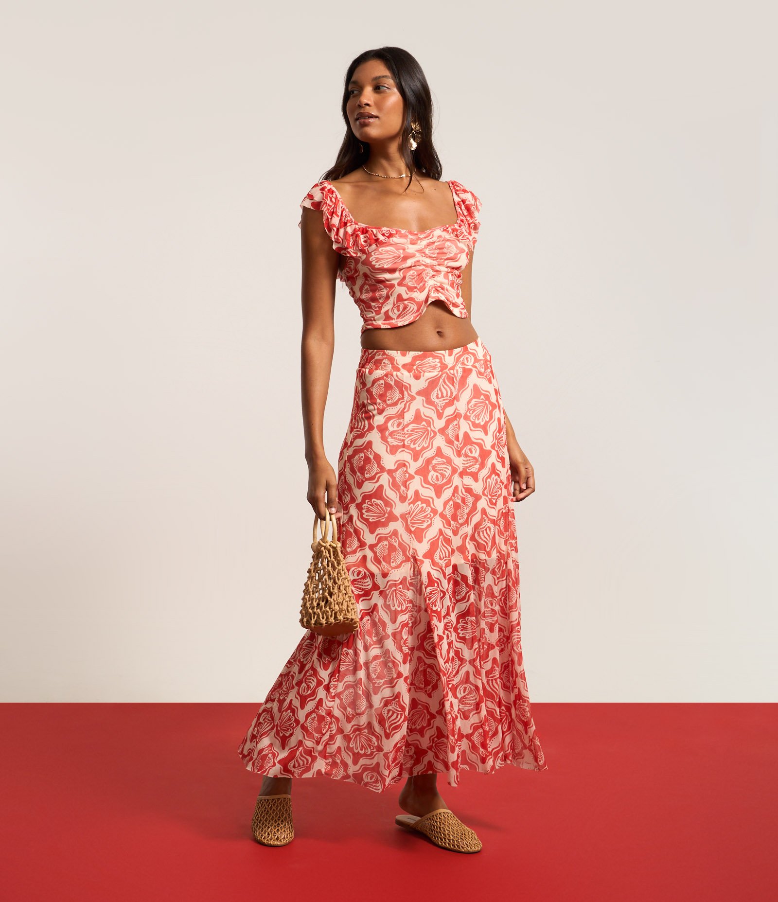 Saia New Midi em Tule com Estampa Fundo do Mar Bicolor Off White/Vermelho 5