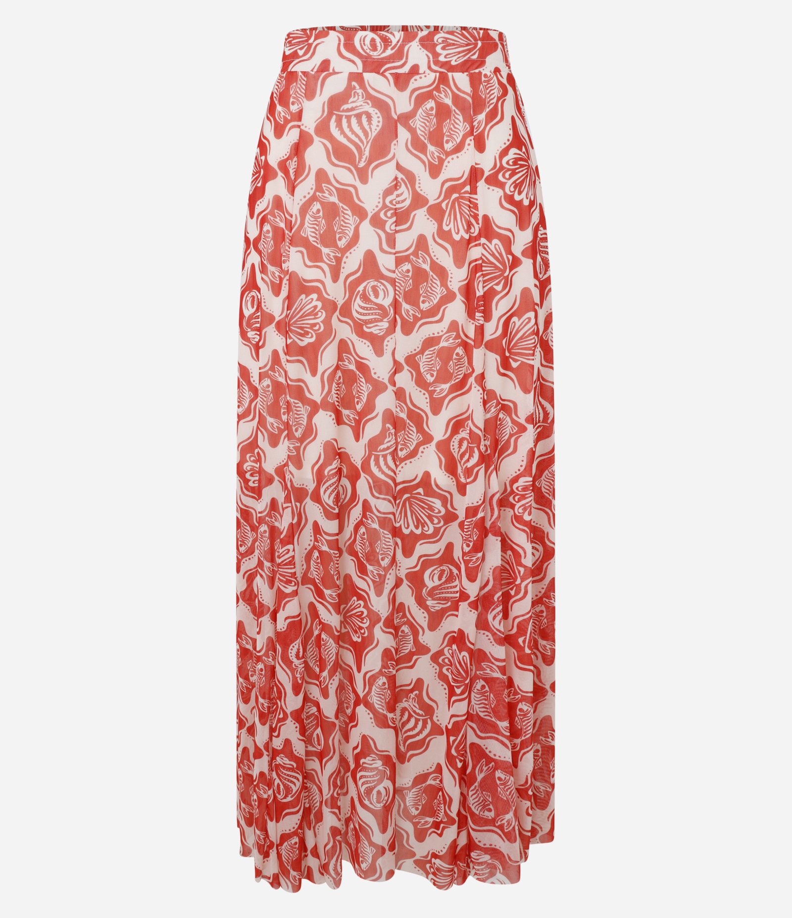 Saia New Midi em Tule com Estampa Fundo do Mar Bicolor Off White/Vermelho 6