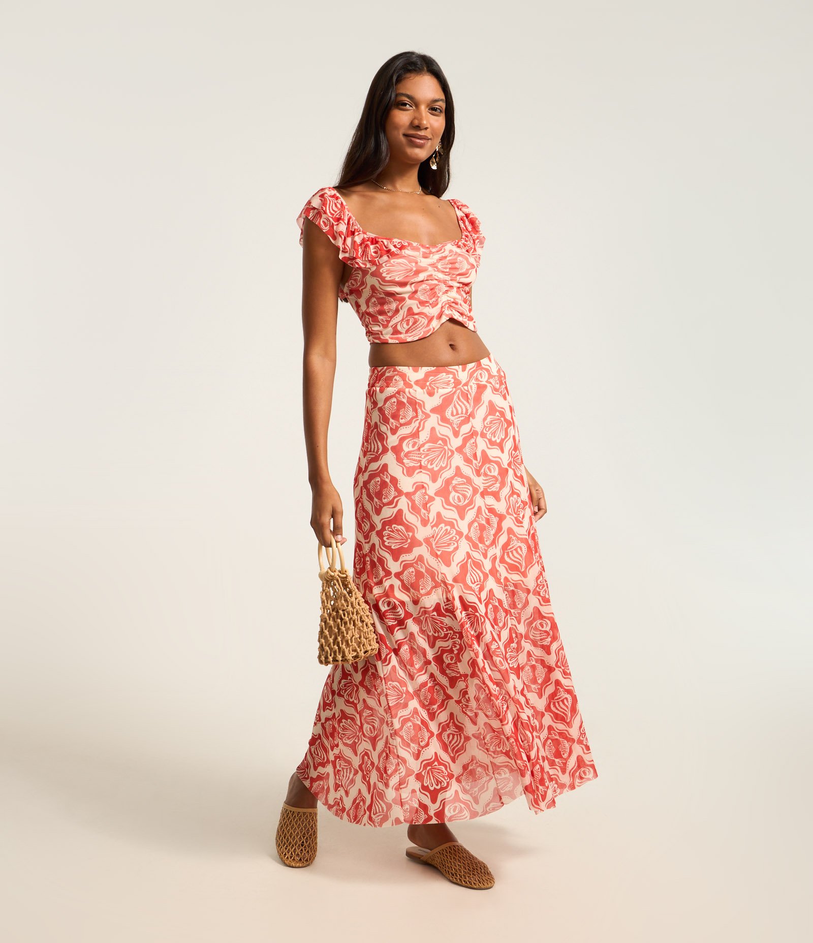 Saia New Midi em Tule com Estampa Fundo do Mar Bicolor Off White/Vermelho 1