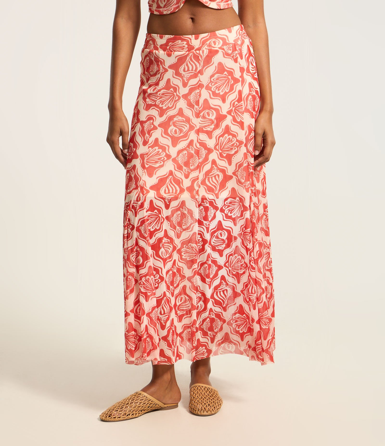 Saia New Midi em Tule com Estampa Fundo do Mar Bicolor Off White/Vermelho 3