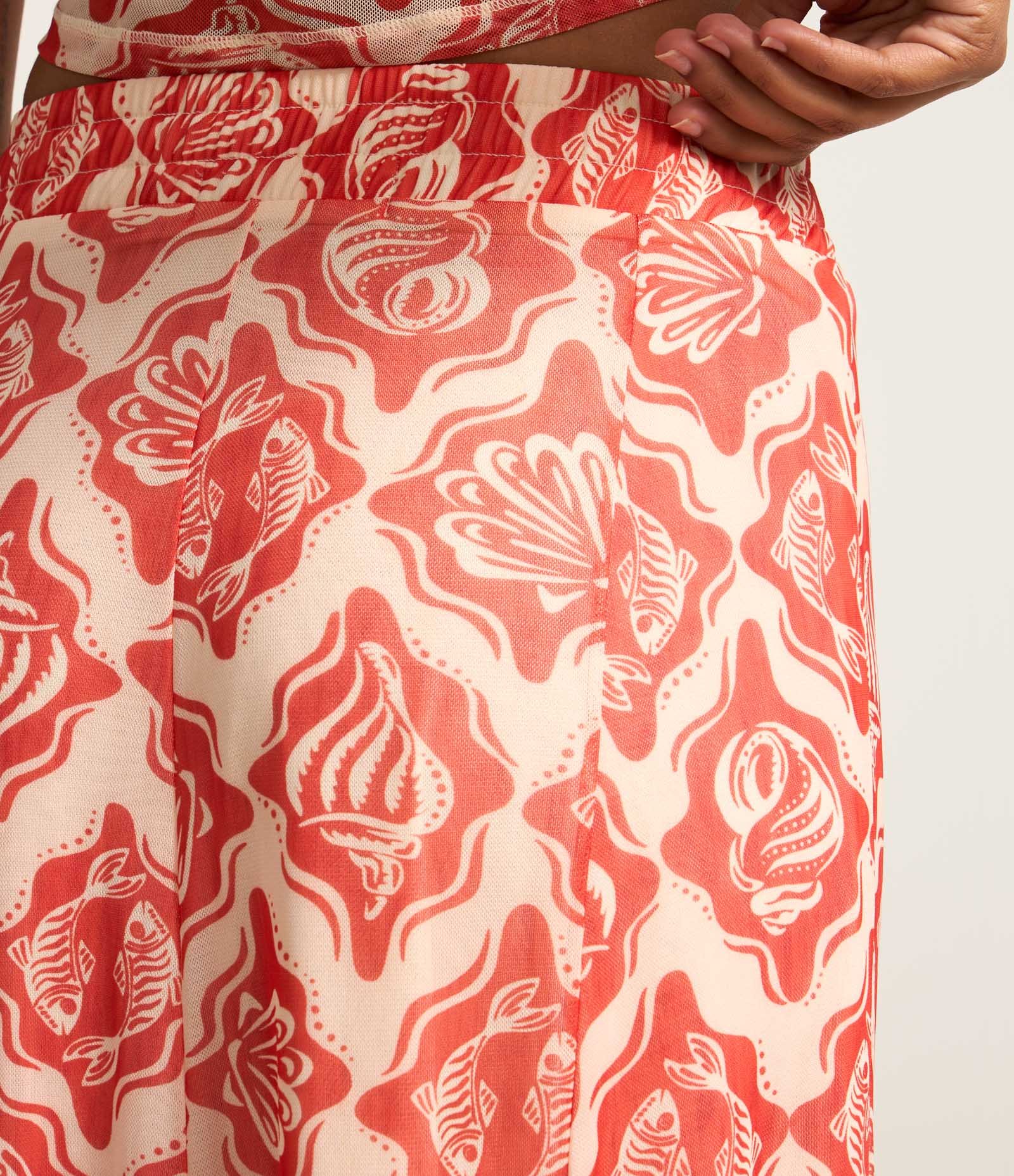 Saia New Midi em Tule com Estampa Fundo do Mar Bicolor Off White/Vermelho 4