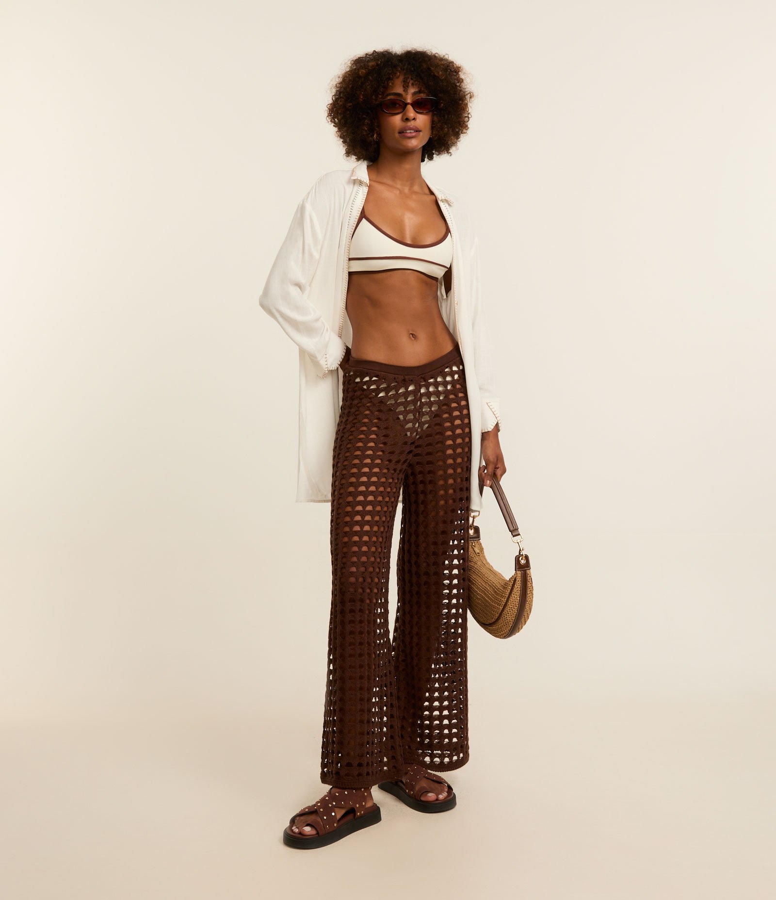 Saída de Praia Calça Efeito Crochê Vazado Marrom 1