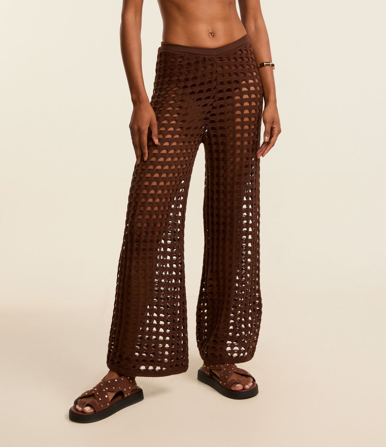 Saída de Praia Calça Efeito Crochê Vazado Marrom 2
