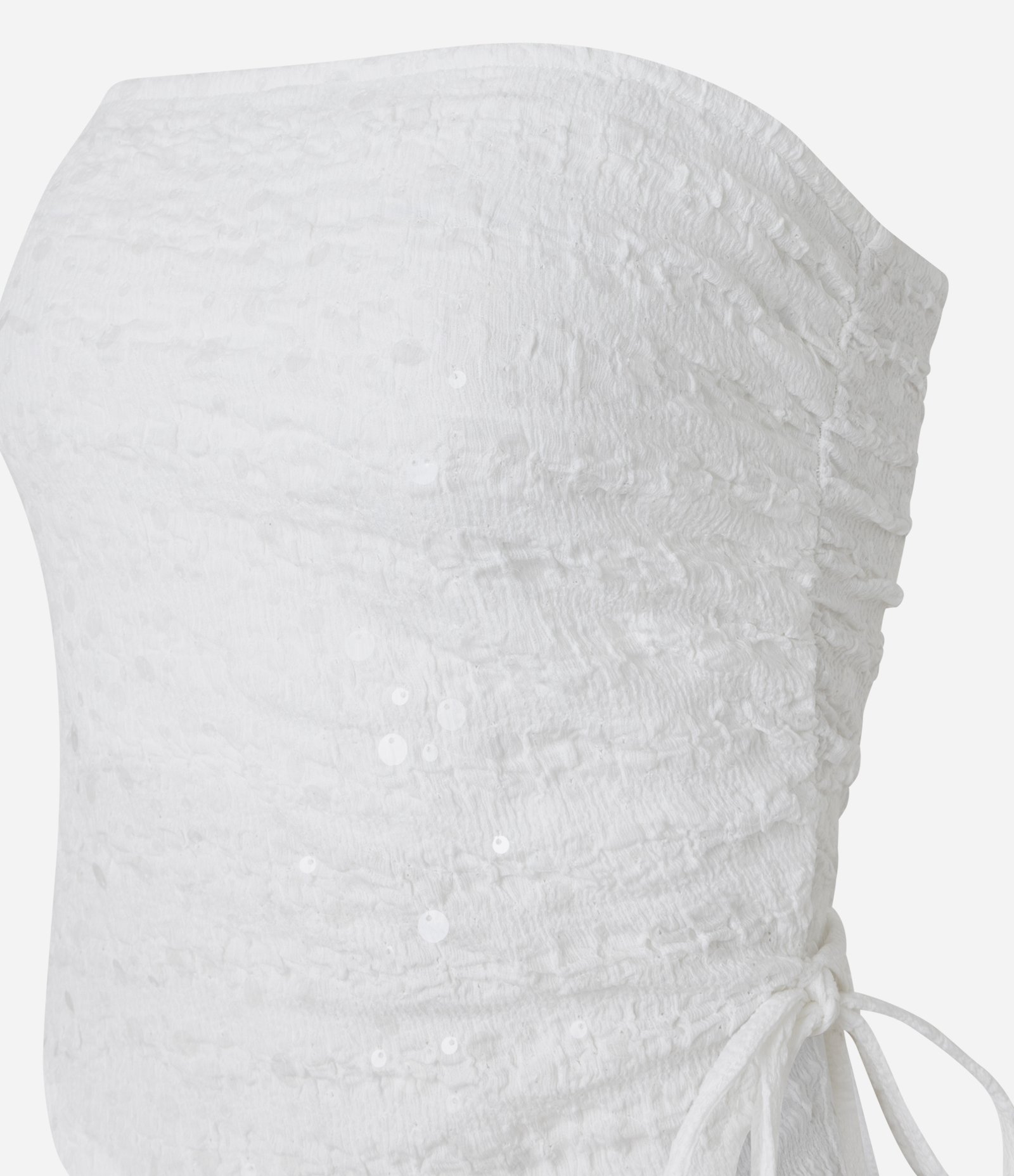 Top Tomara que Caia em Paetê com Colissê Lateral e Barra Assimétrica Branco 7