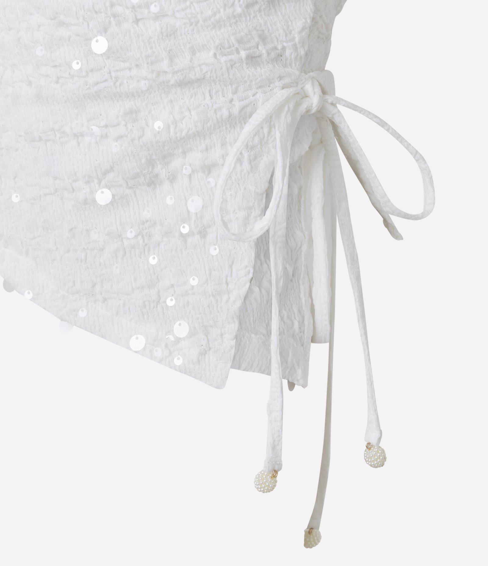 Top Tomara que Caia em Paetê com Colissê Lateral e Barra Assimétrica Branco 8