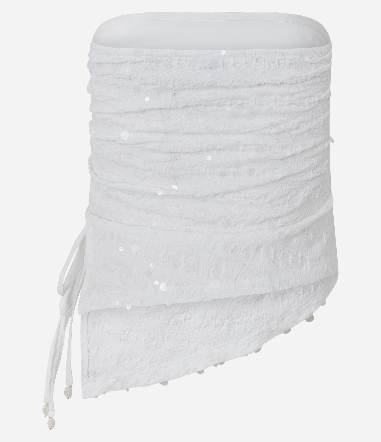 Top Tomara que Caia em Paetê com Colissê Lateral e Barra Assimétrica Branco 9