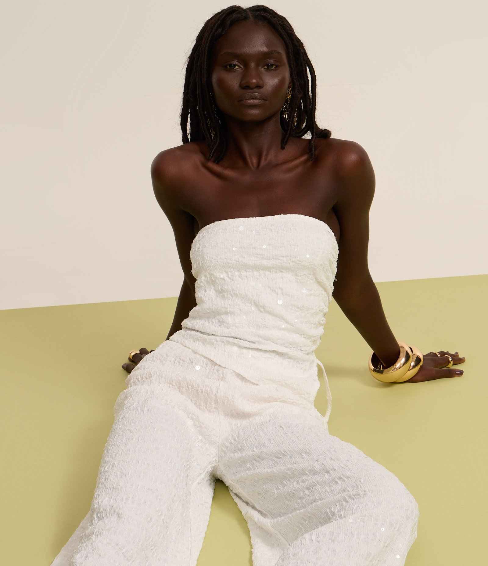 Calça Wide Leg em Paetê com Cintura Elástica Branco 5