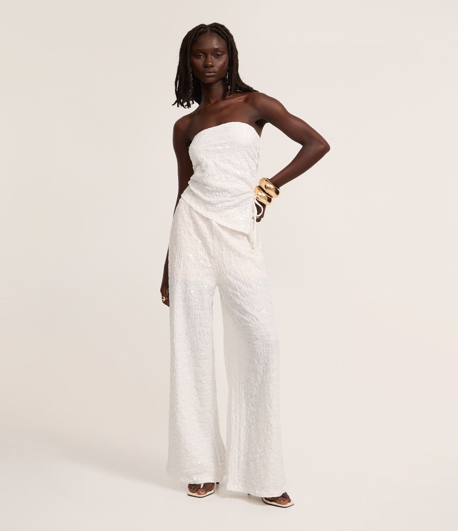 Calça Wide Leg em Paetê com Cintura Elástica Branco 1