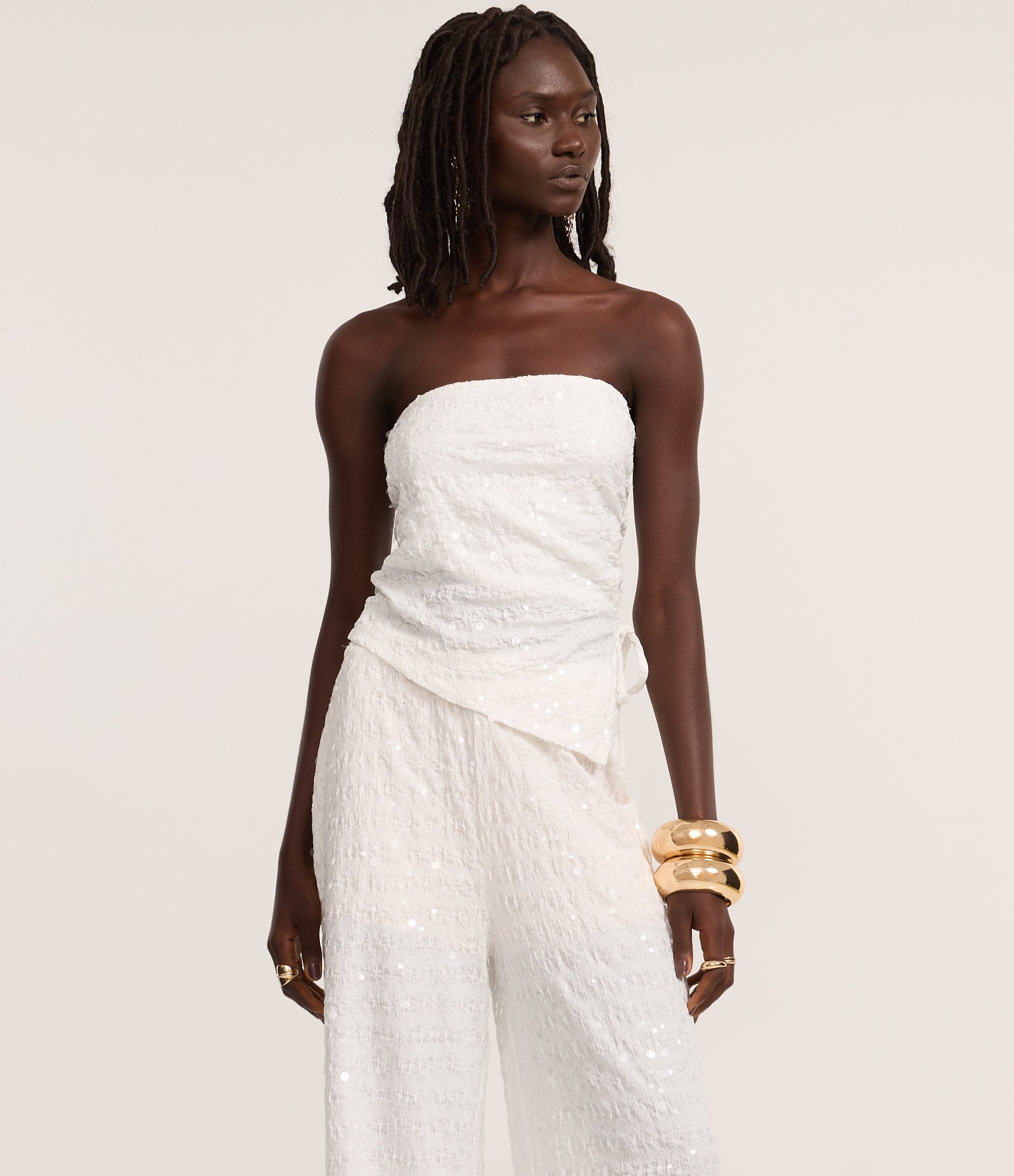 Calça Wide Leg em Paetê com Cintura Elástica Branco 2