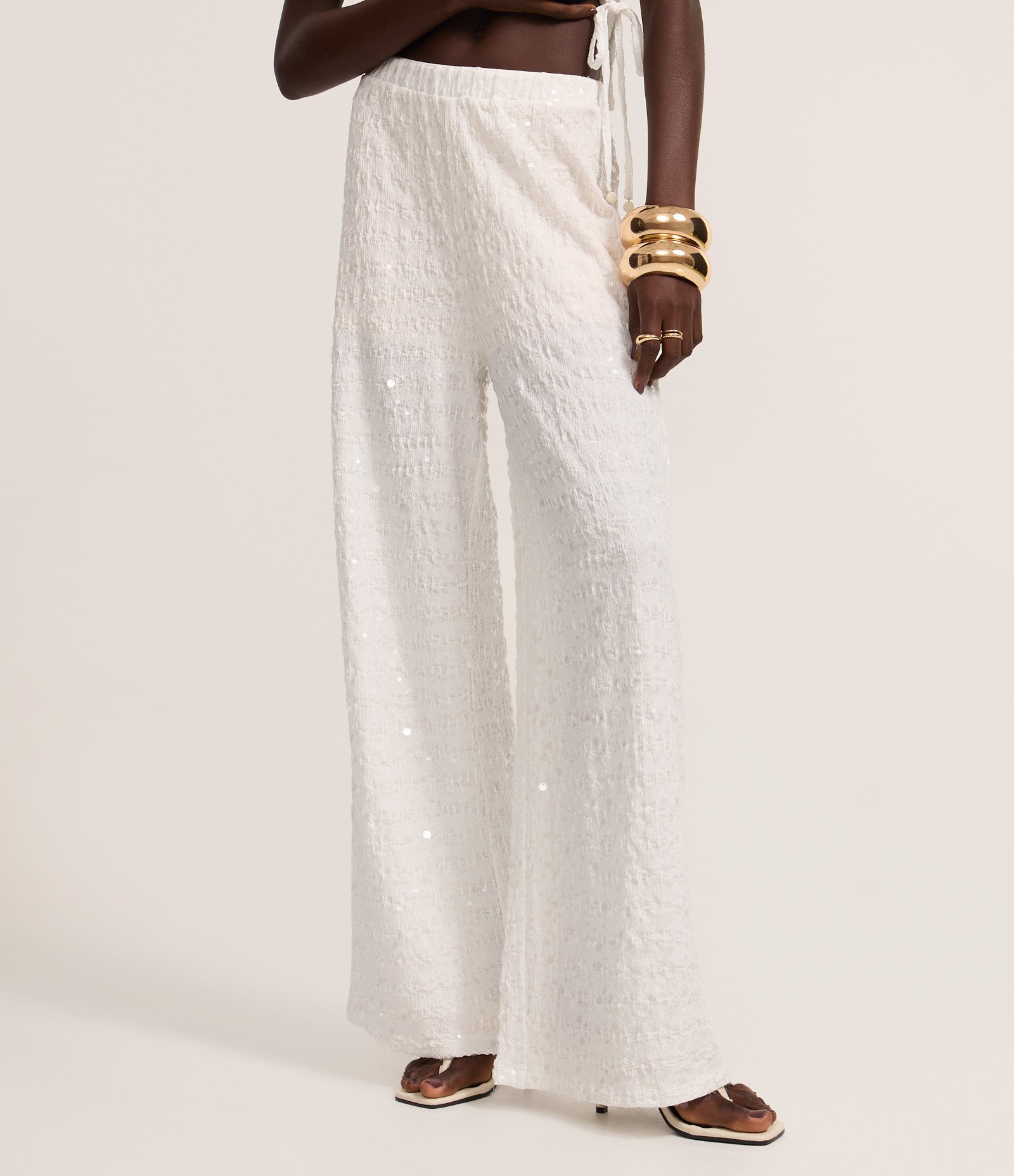 Calça Wide Leg em Paetê com Cintura Elástica Branco 3