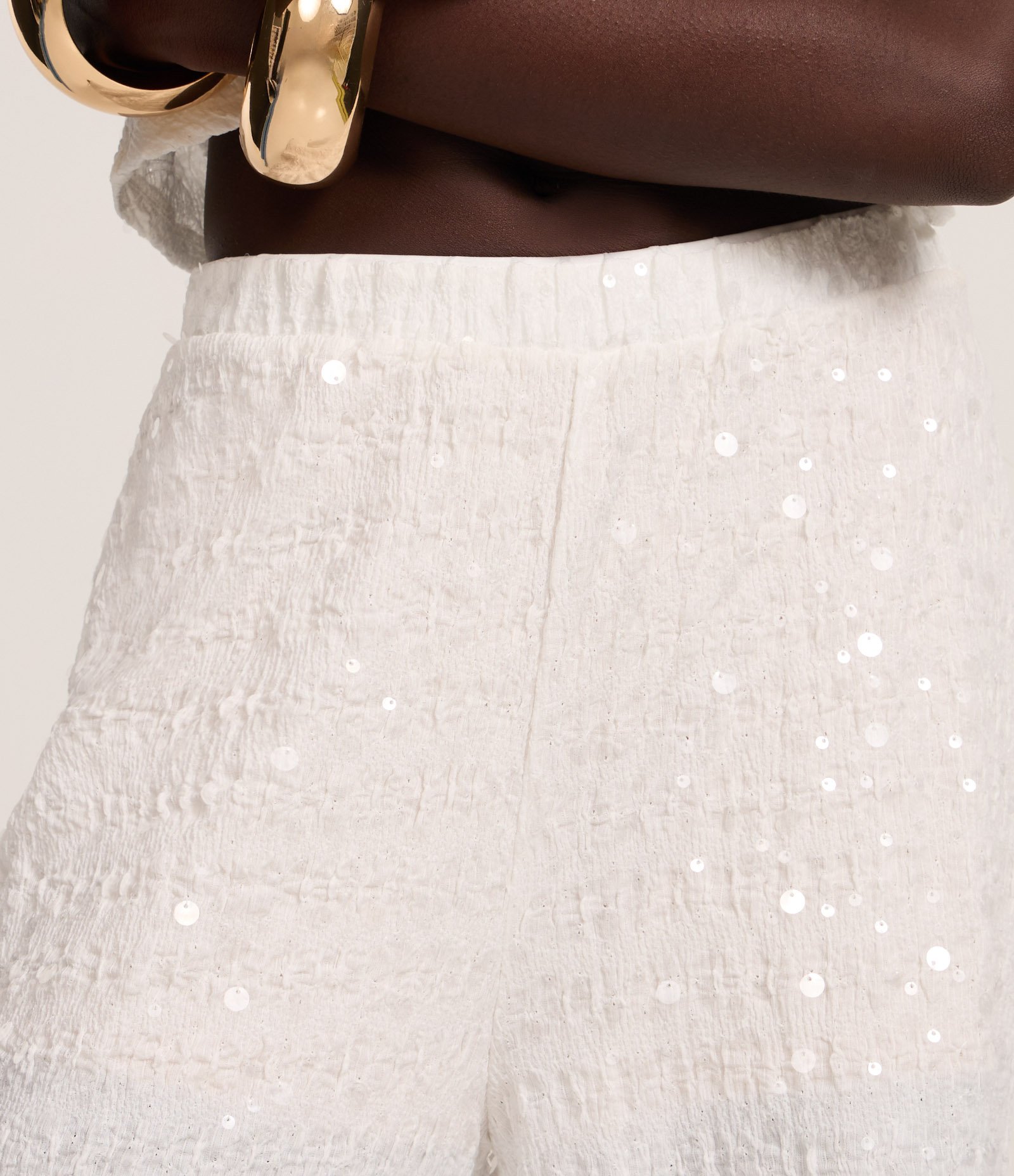 Calça Wide Leg em Paetê com Cintura Elástica Branco 4