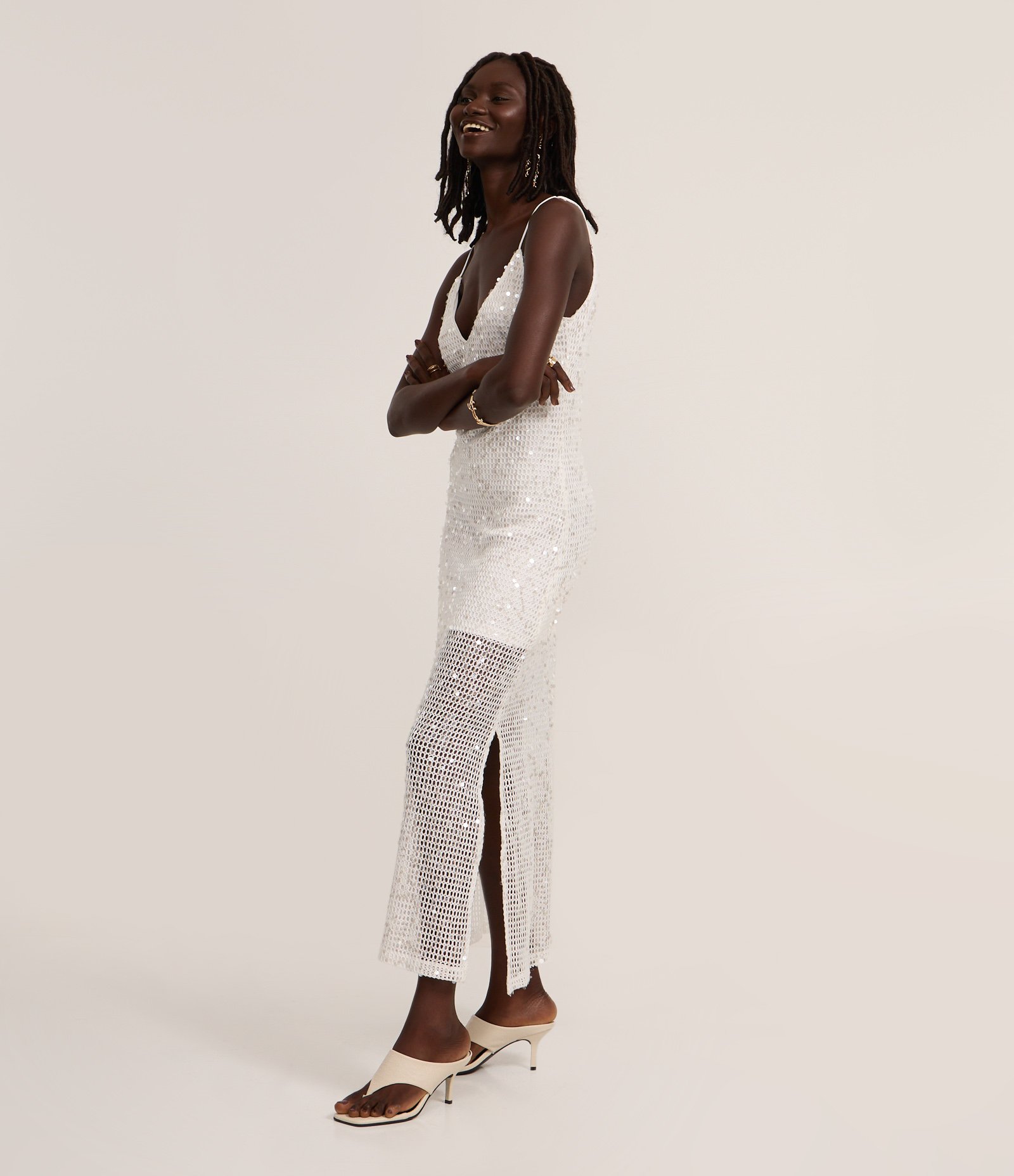 Vestido Long Midi com Paetê Salpicado e Forro Curto Branco 2