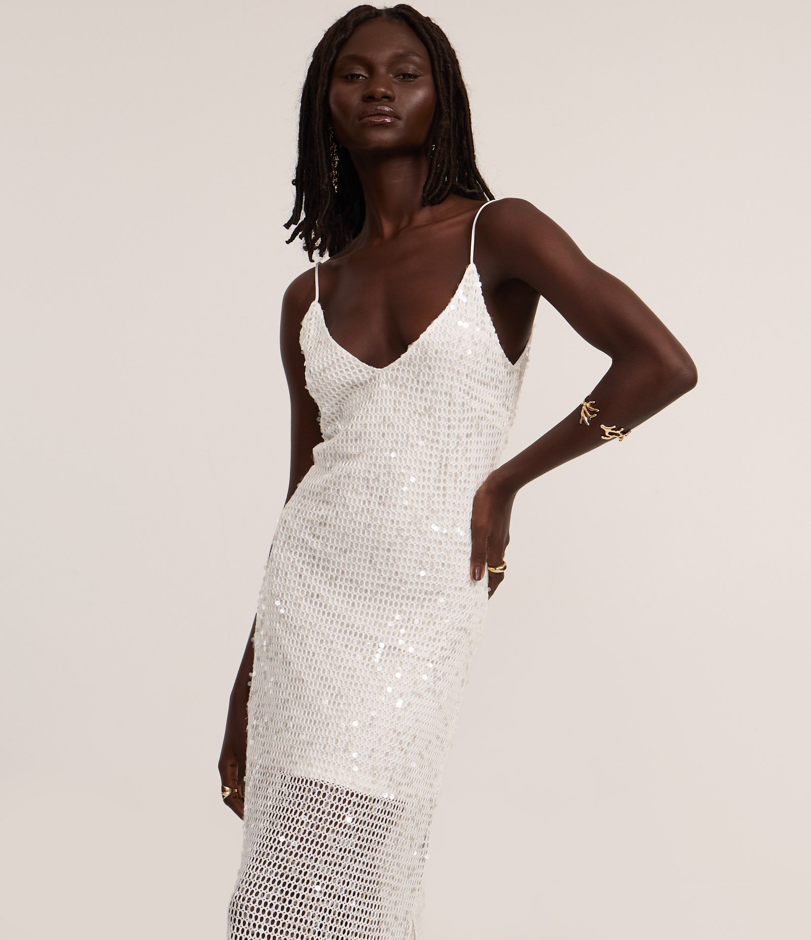 Vestido Long Midi com Paetê Salpicado e Forro Curto Branco 3