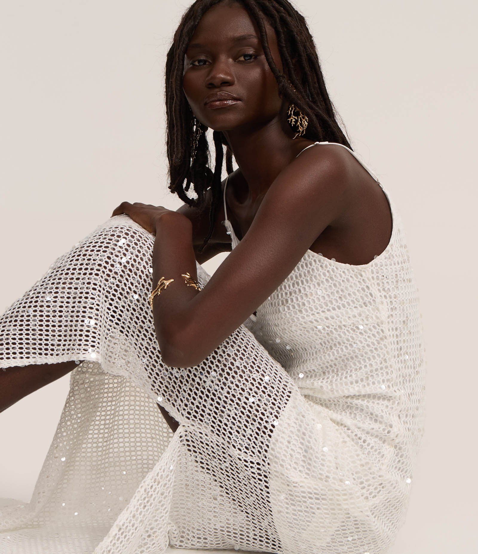 Vestido Long Midi com Paetê Salpicado e Forro Curto Branco 4