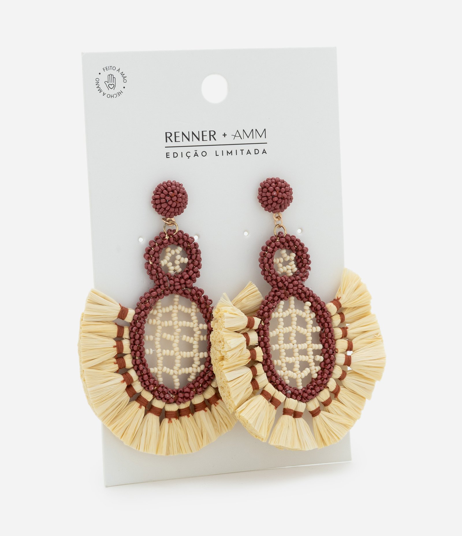 Brinco em Rafia e Miçangas com Formato Geométrico Bege 5