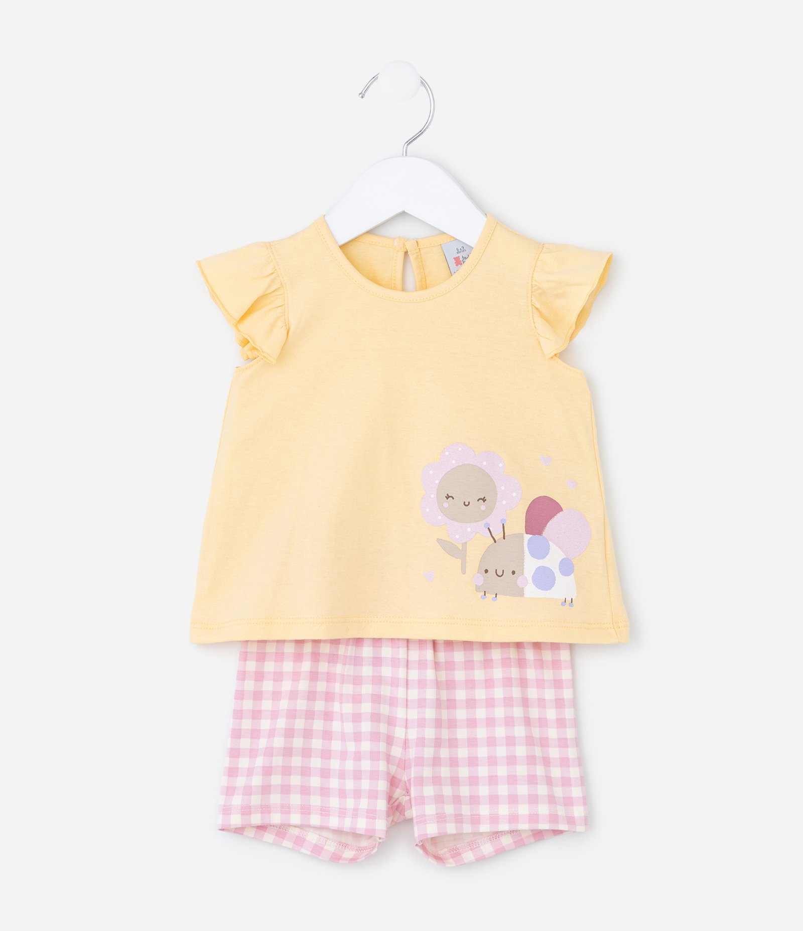 Conjunto Infantil em Algodão Estampa de Flor e Besourinha - Tam 0 A 18 Meses Amarelo/Rosa 2