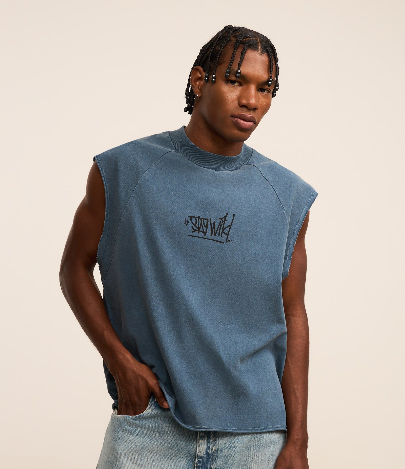 Regata Boxy em Algodão com Estampa Lettering e Efeito Estonado Azul 1