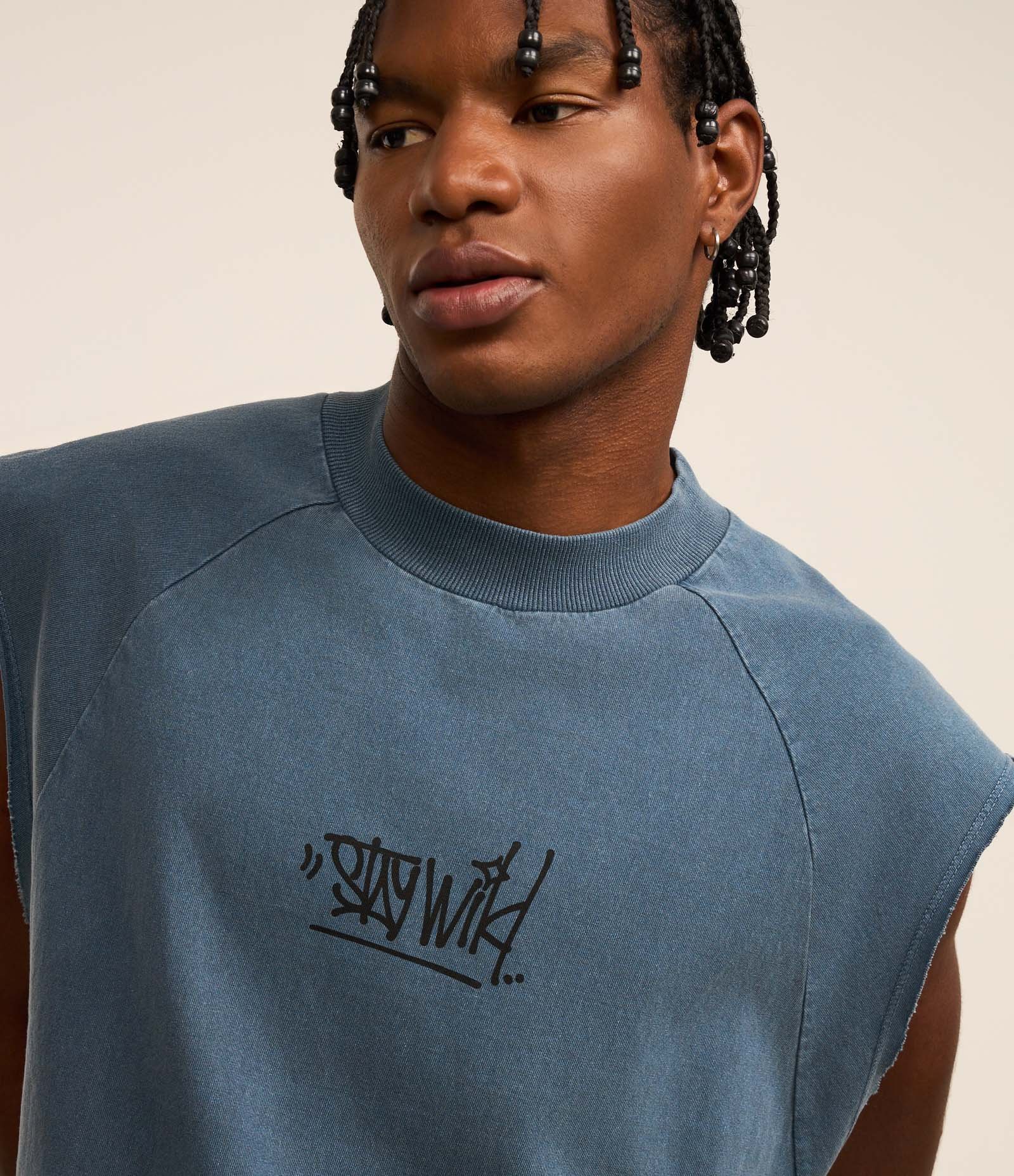 Regata Boxy em Algodão com Estampa Lettering e Efeito Estonado Azul 5