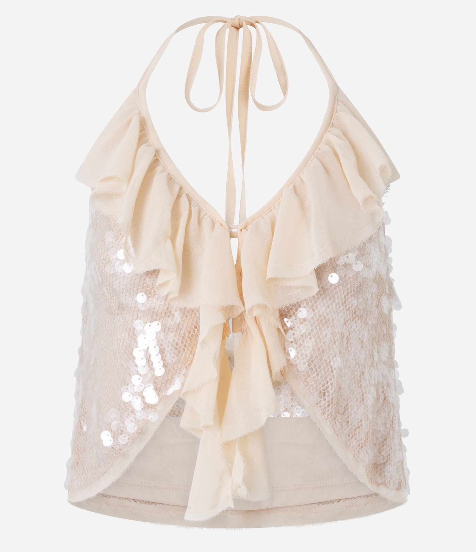 Blusa Frente Única em Poliamida com Paetês e Babados Rosa 7