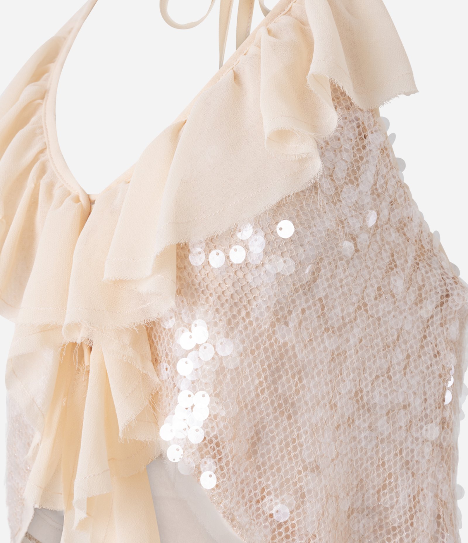 Blusa Frente Única em Poliamida com Paetês e Babados Rosa 8