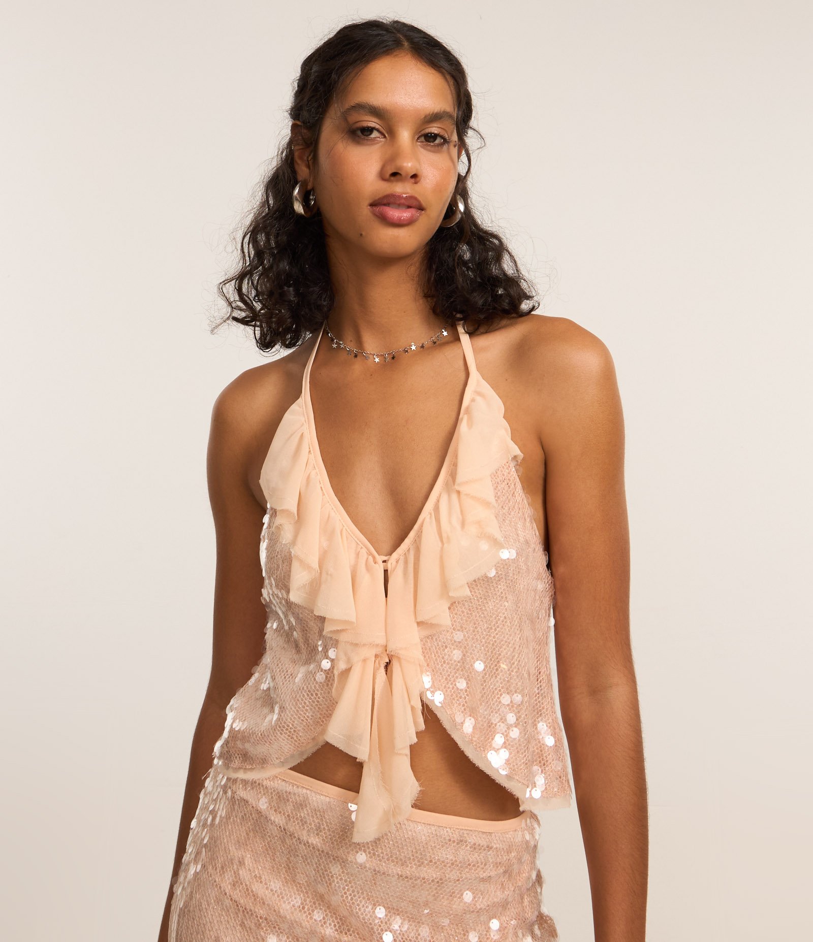 Blusa Frente Única em Poliamida com Paetês e Babados Rosa 4