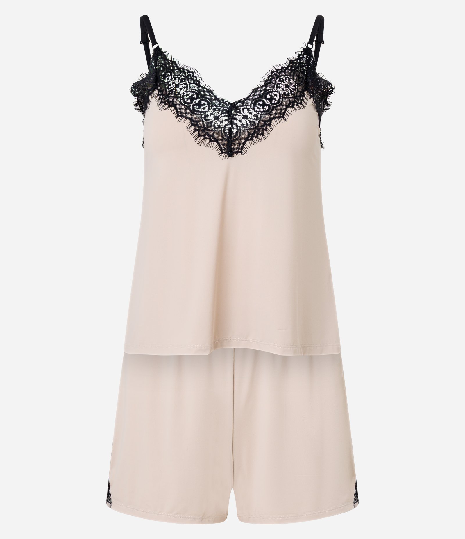 Pijama Short Doll em Microfibra com Detalhe de Renda Contrastante Bege 1