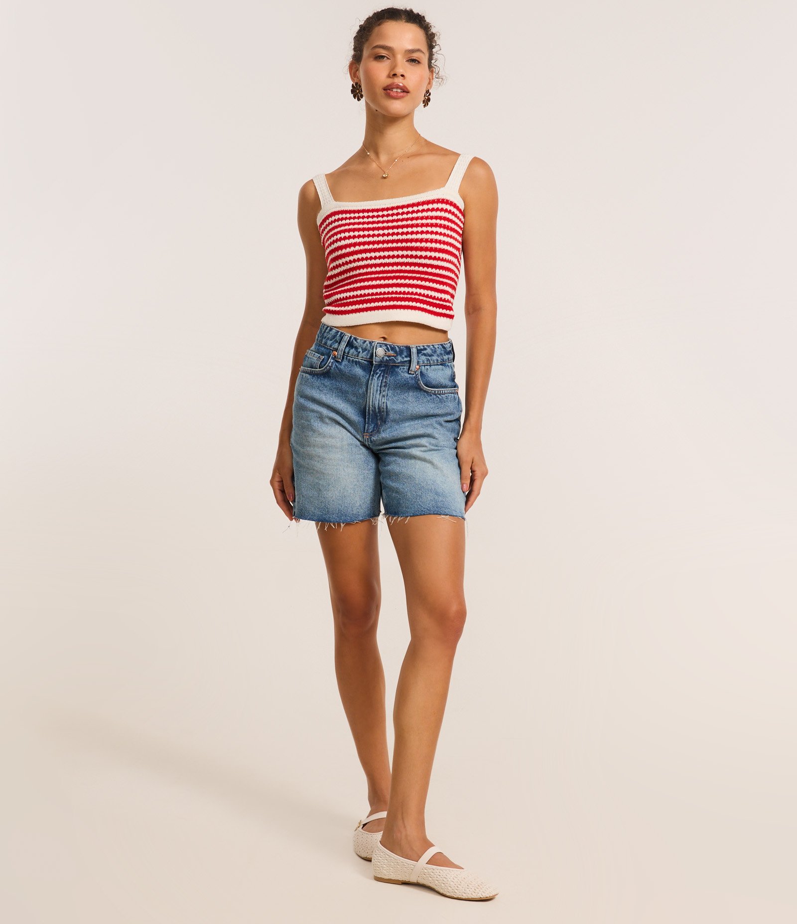 Blusa Cropped Sem Manga em Tricô com Listras Branco/Vermelho 2