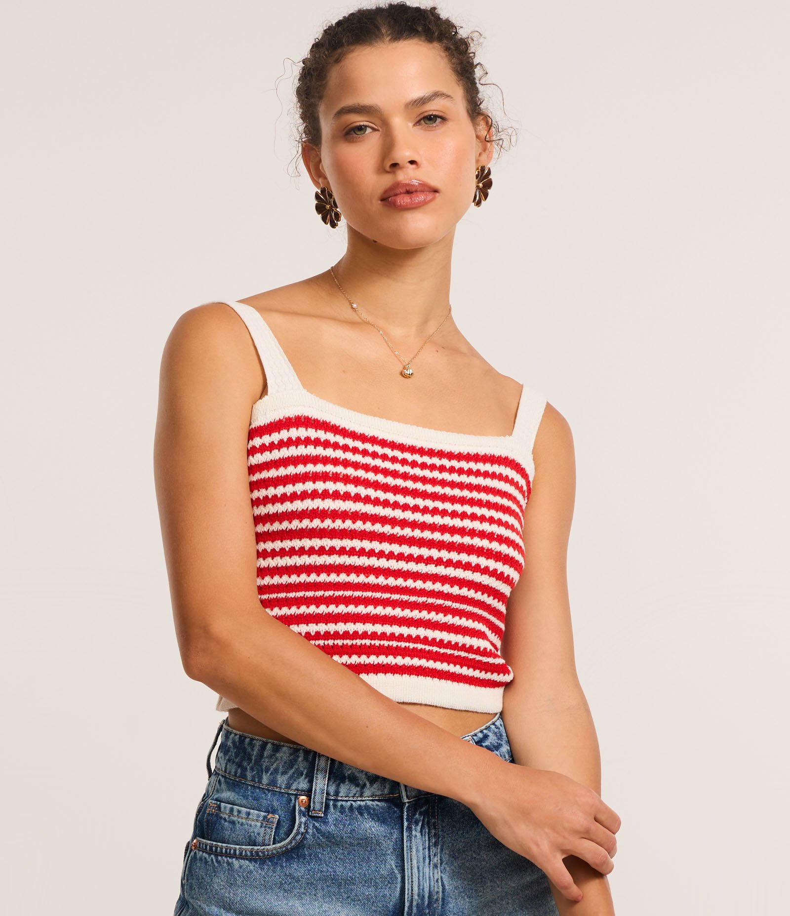 Blusa Cropped Sem Manga em Tricô com Listras Branco/Vermelho 3