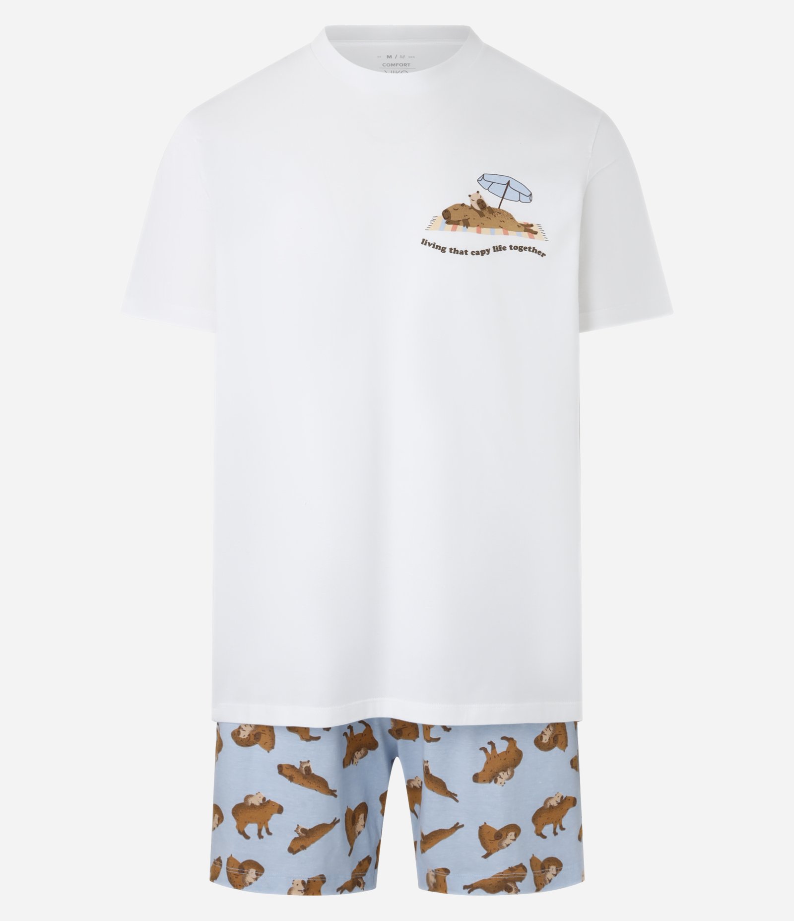 Pijama Curto Comfort em Algodão com Estampa de Capivara Branco/ Azul/Marrom 1