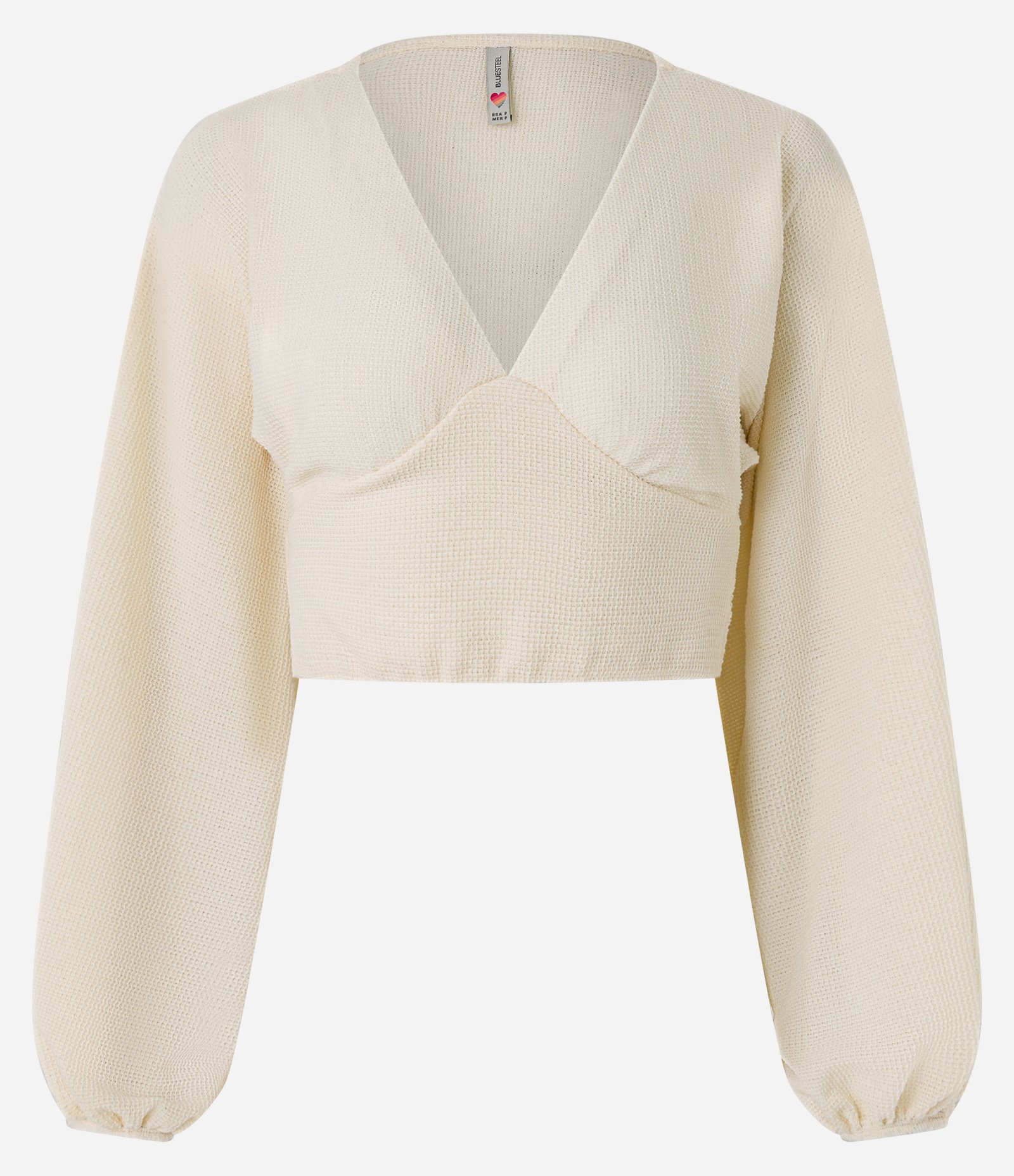 Blusa Cropped Texturizada com Manga Bufante Bege 6