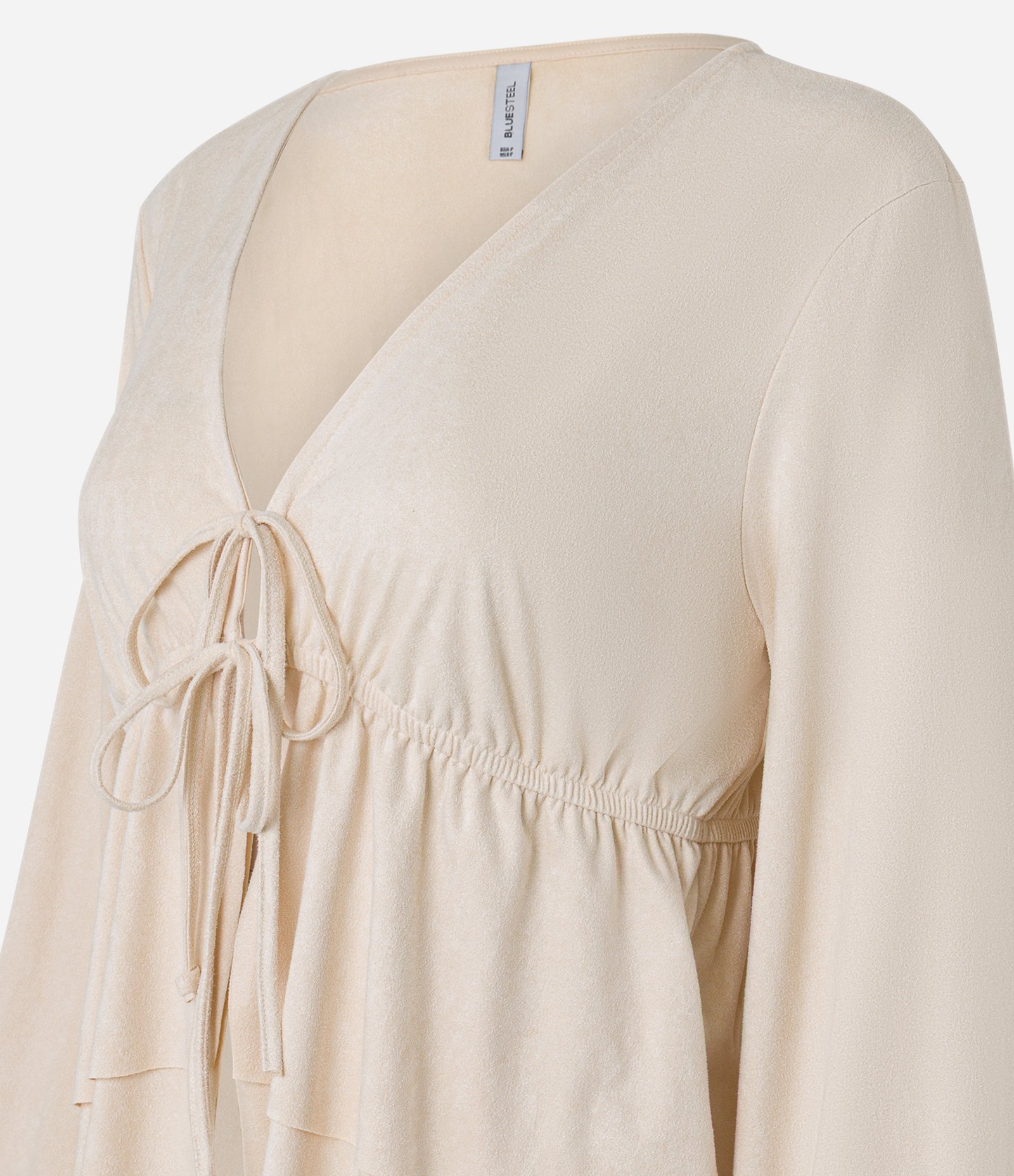 Blusa Bata em Suede com Amarração e Babados Bege 7