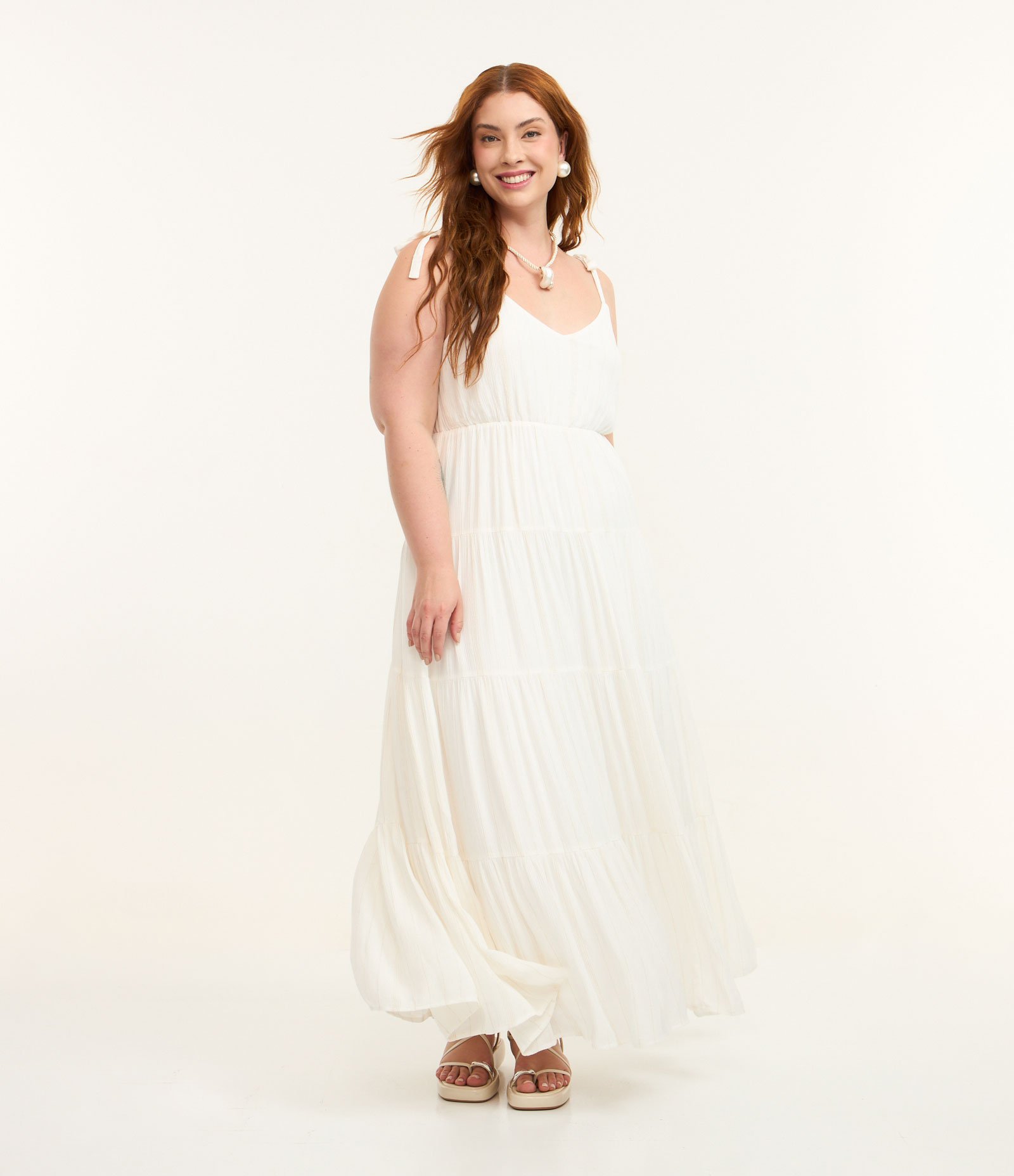Vestido Midi em Viscose com Fio Metalizado e Alça de Lacinho Curve & Plus Size Branco 1