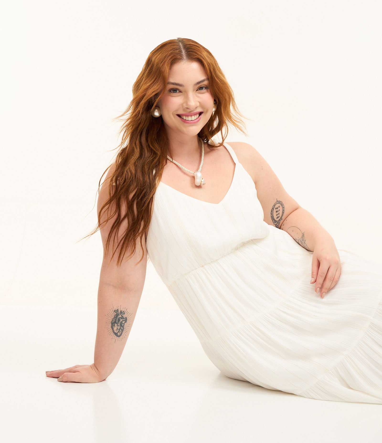 Vestido Midi em Viscose com Fio Metalizado e Alça de Lacinho Curve & Plus Size Branco 2