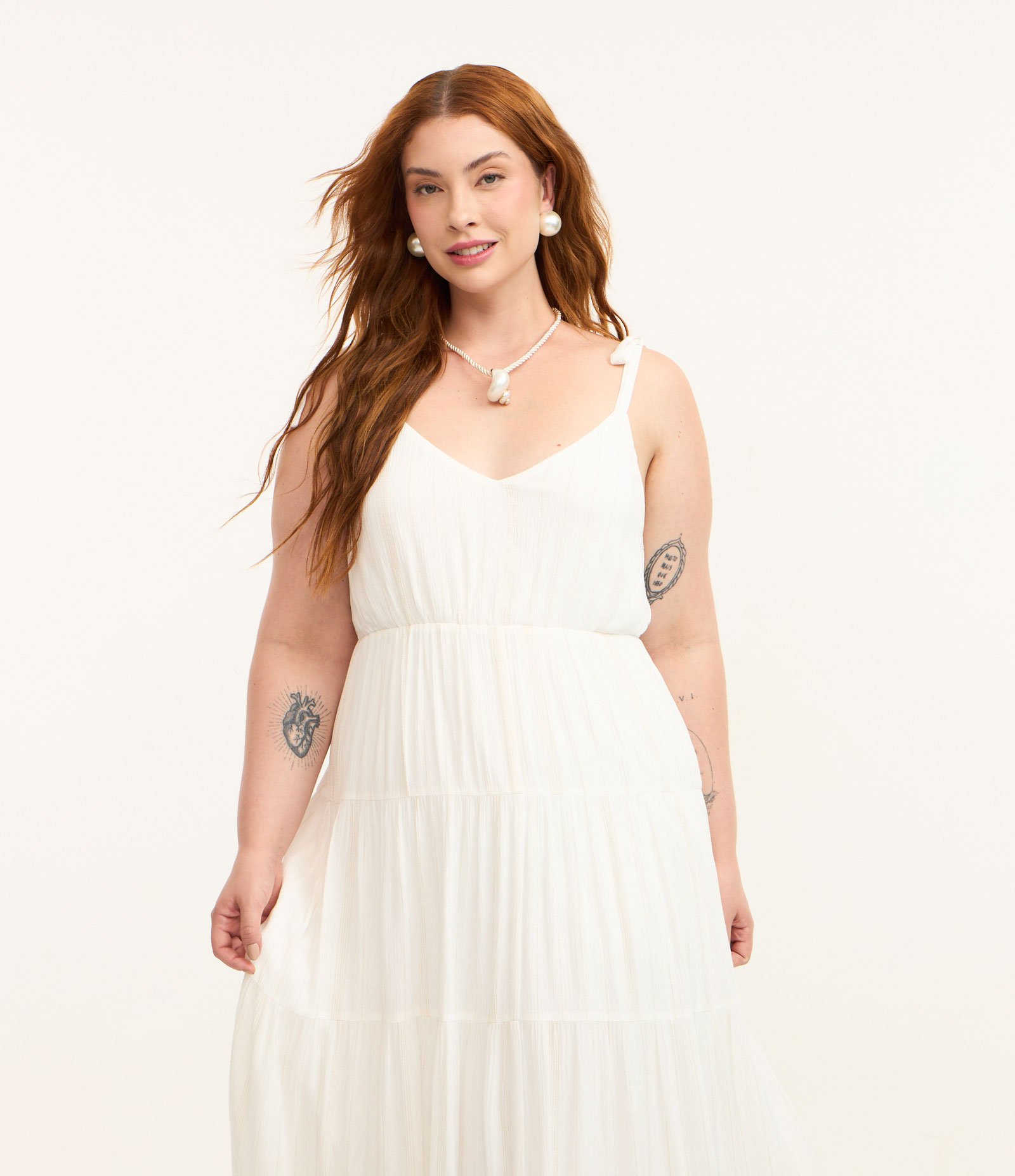 Vestido Midi em Viscose com Fio Metalizado e Alça de Lacinho Curve & Plus Size Branco 3