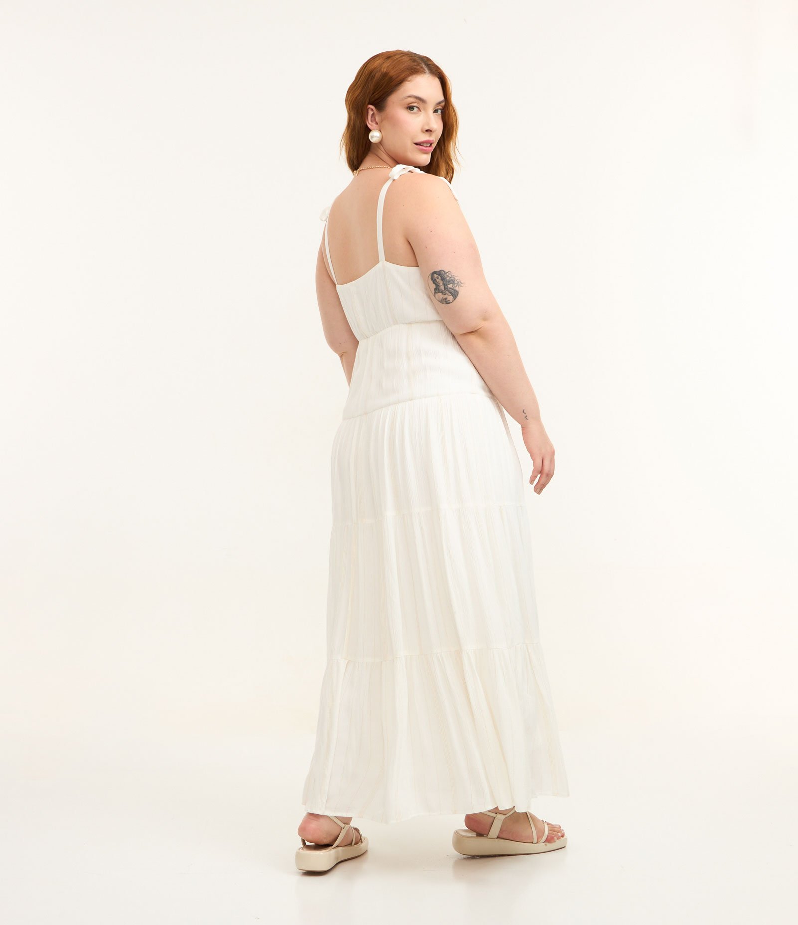 Vestido Midi em Viscose com Fio Metalizado e Alça de Lacinho Curve & Plus Size Branco 5
